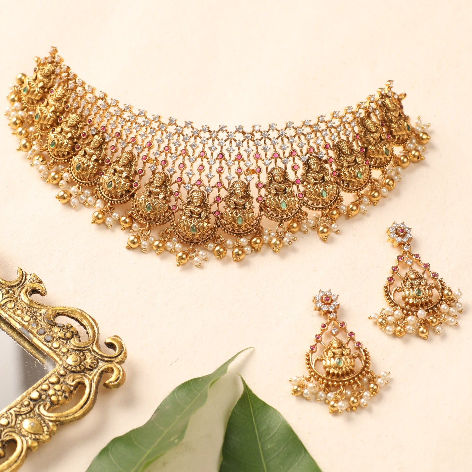 Varalaxmi Antique Choker Set - Traditional Indian Bridal Jewelry for Weddings & Festivals | Elegant Necklace for Women, Perfect for Ethnic Outfits & Special Occasions