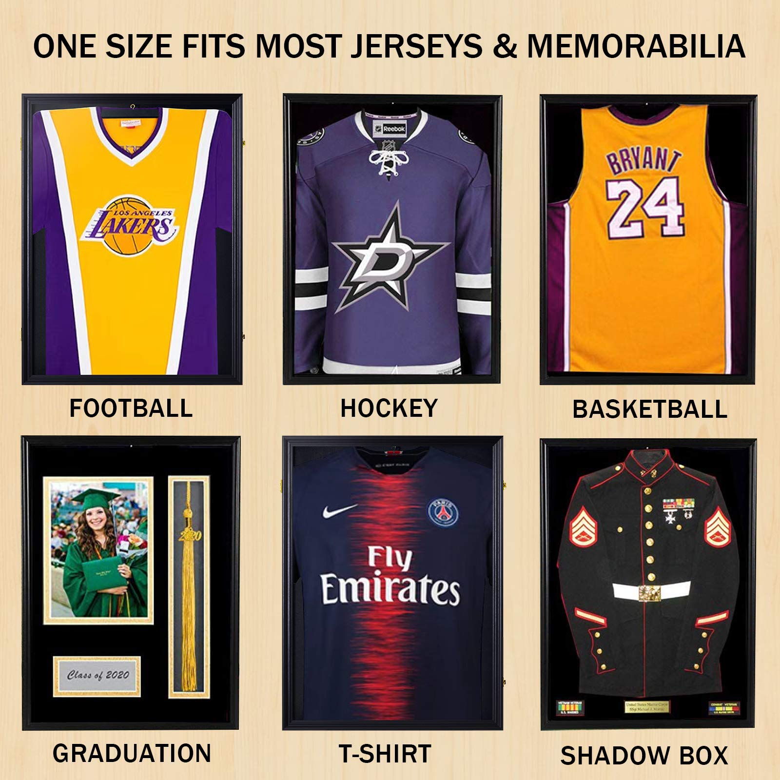 Premium Lockable Jersey Display Shadow Box - UV Protected Acrylic Wall Mount Frame for Baseball, Basketball, Football, Soccer & Hockey Jerseys - Large Sport Shirt Display Case with Hangers (Black) - Perfect for Memorabilia Showcase, Man Cave Decor & Sports Room Display