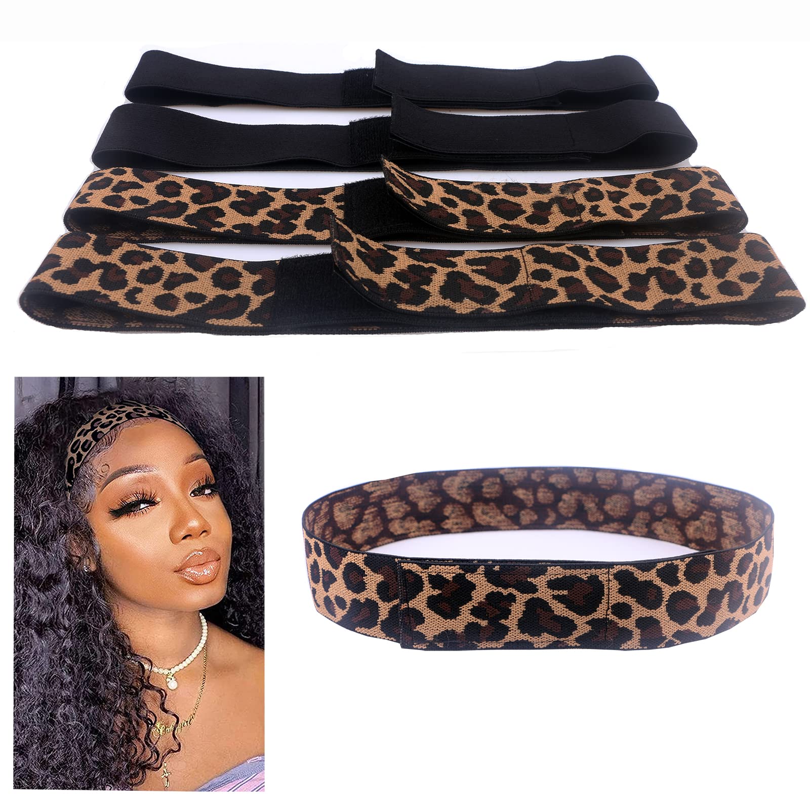 4PCS Adjustable Elastic Wig Bands for Lace Front Wigs - Black & Leopard Edge Laying Bands for Secure Fit | Perfect for Cosplay, Daily Wear & Lace Wig Styling