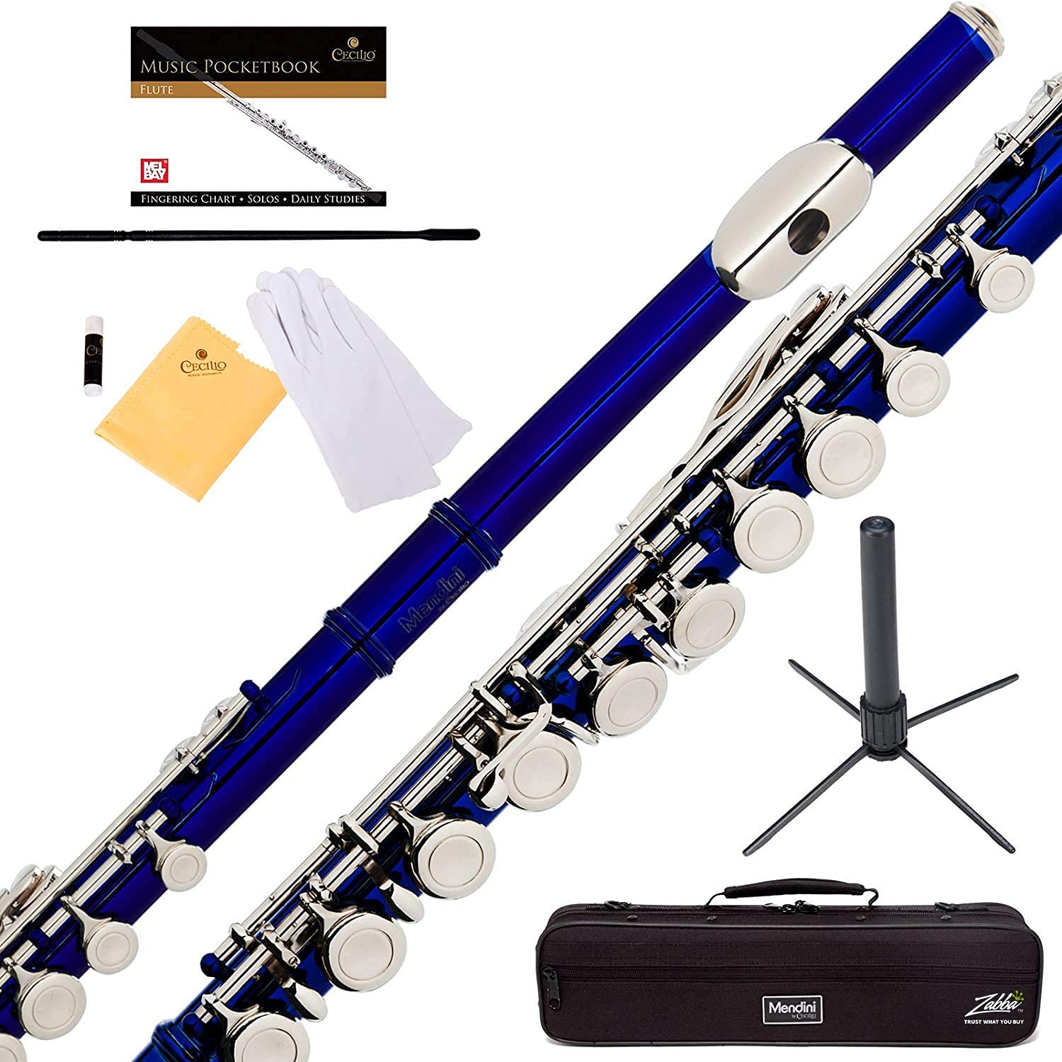 Mendini by Cecilio 16-Key Closed Hole C Flute for Beginners - Complete Flute Set with Case, Stand, Lesson Book & Cleaning Kit - Perfect Musical Instrument for Kids & Students - Blue - Ideal for School Bands, Music Lessons & Home Practice