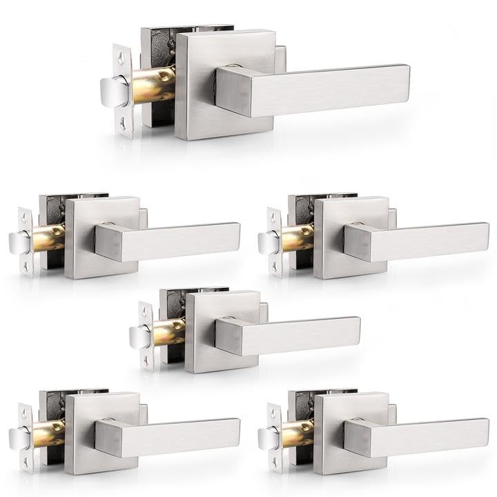 Probrico 6 Pack Satin Nickel Square Door Levers - Heavy Duty Interior Non-Locking Passage Door Handles for Hall & Closet | Keyless Entry Leversets | Perfect for Bedrooms, Bathrooms & Storage Rooms