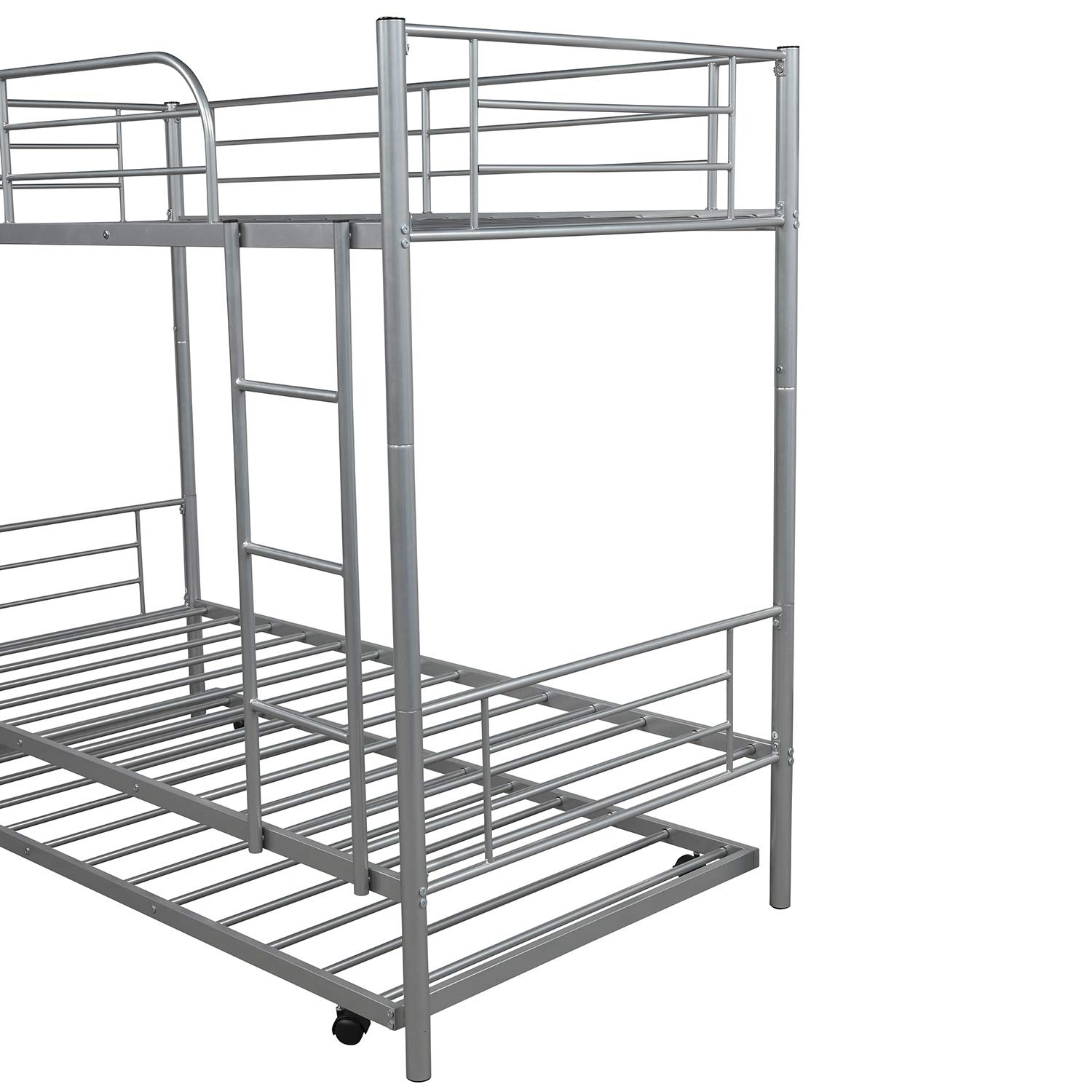 Danxee Twin Over Twin Modern Metal Bunk Bed with Trundle & Sturdy Guard Rail Ladder - Space-Saving Kids Bedroom Furniture for Small Rooms (Silver) | Perfect for Siblings, Sleepovers & Guest Rooms