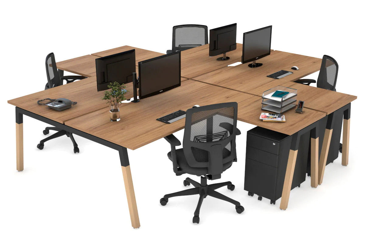 Quadro Wood A Legs Cross Beam 4-Person Corner Workstation Desk - 1600L x 1800W with Cable Management Scallop - Perfect for Office, Home Workspace & Collaborative Environments