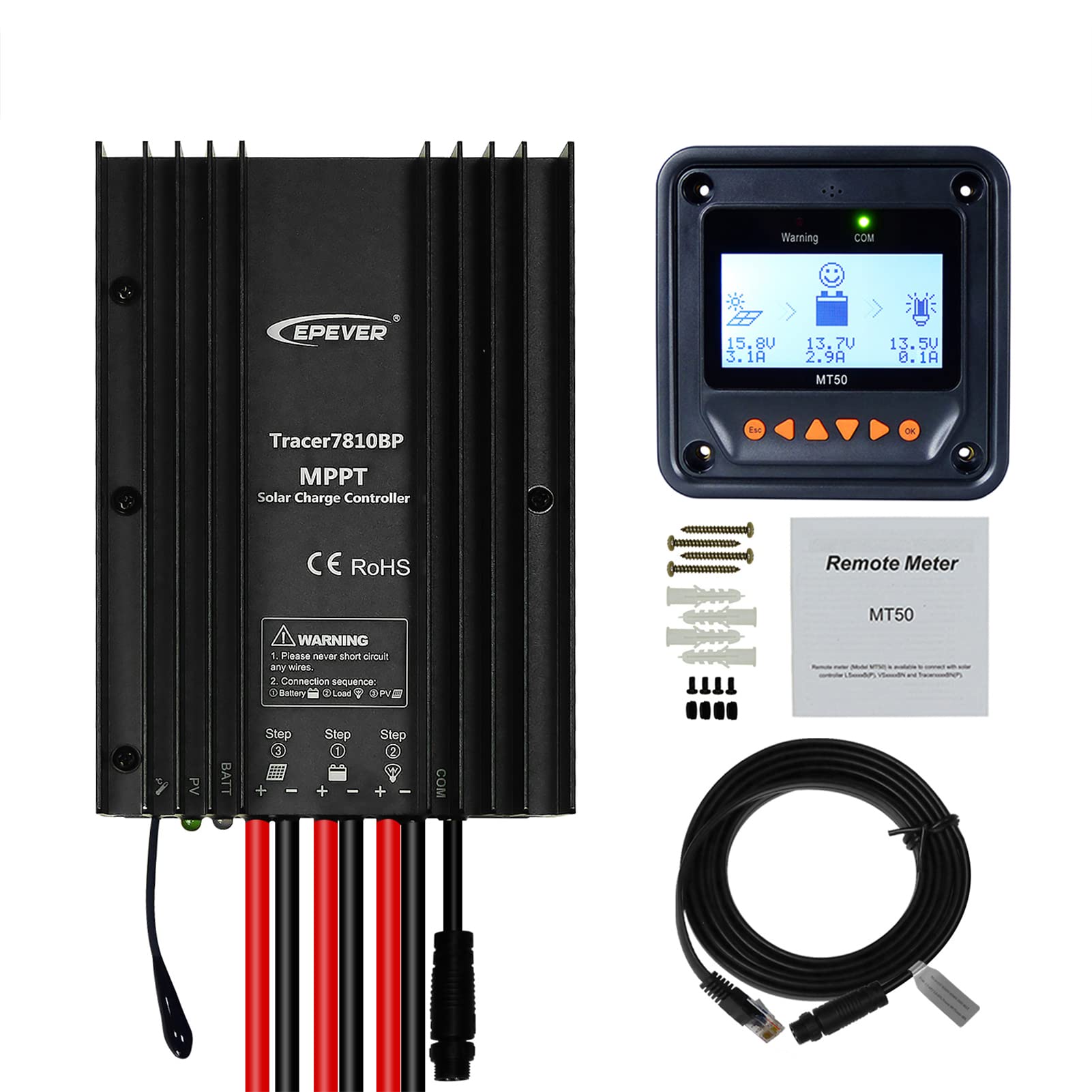 EPEVER 30A MPPT Solar Charge Controller 12V/24V Auto, IP67 Waterproof, 100V Max PV Input - Solar Panel Regulator Kit for Sealed/Gel/Flooded/Lithium Batteries (Includes MT50+RS485) - Perfect for Off-Grid Solar Systems, RVs, Boats & Home Energy Storage