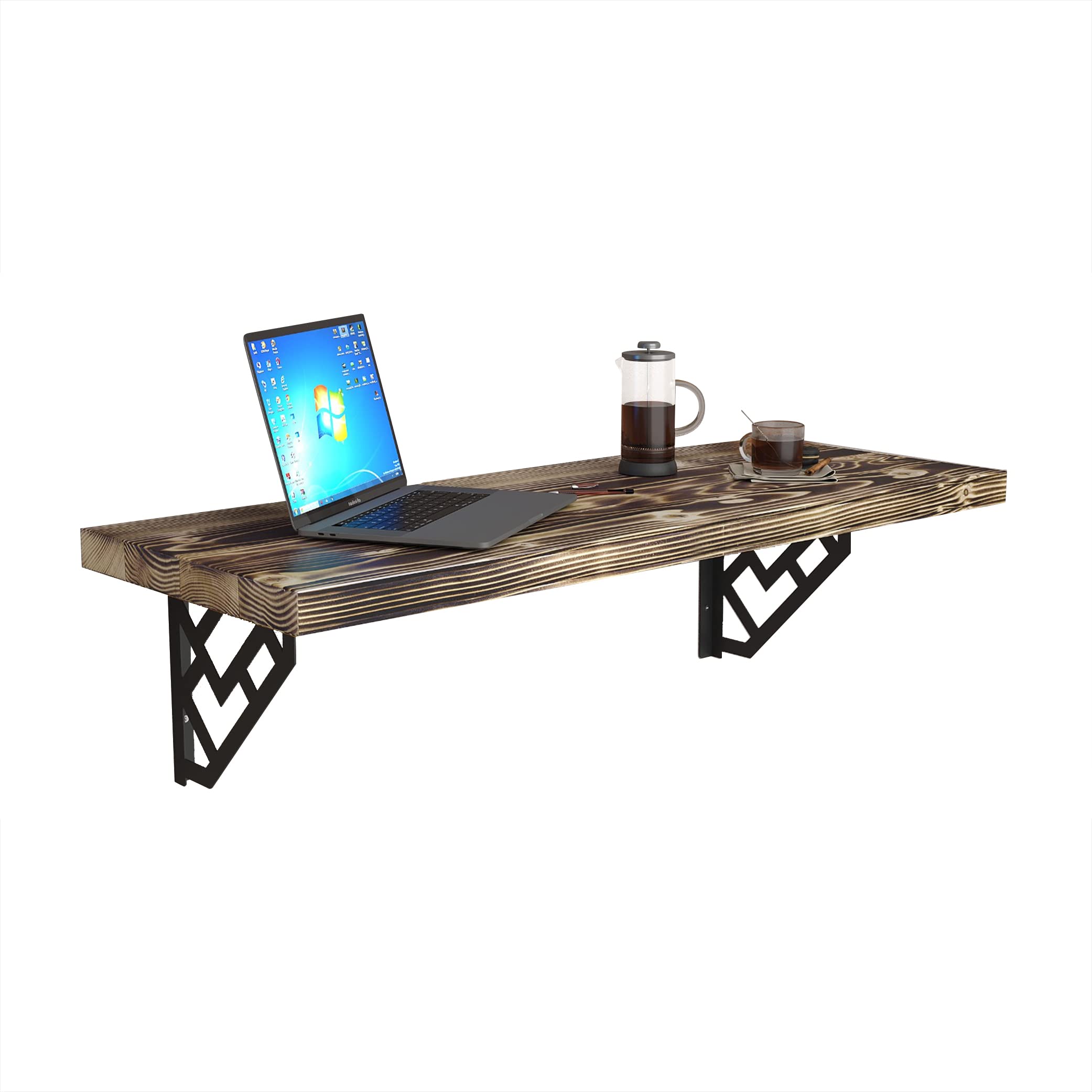 Rustic Burn 32x14 Inch Wall Mounted Desk Bar Table - Space Saving Kitchen Counter, Laundry Shelf, Computer Workbench & Dining Table for Small Spaces | Includes Free Spirit Level (Perfect for Apartments, Dorms & Home Offices)