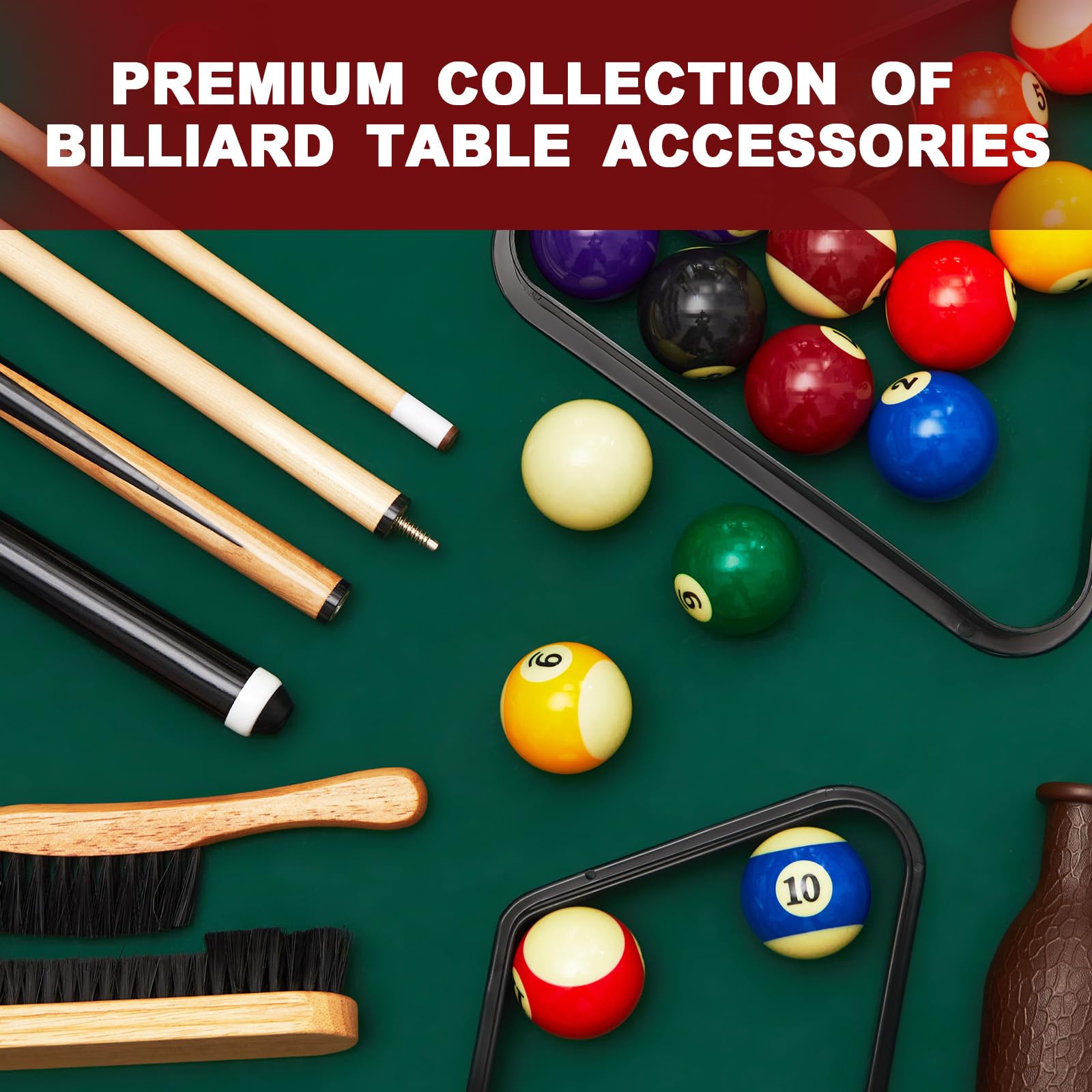 Jenaai 55 Pcs Pool Table Accessories Set - 16 Billiard Balls, 6 Pool Cues, Triangle Rack, Diamond Ball Holder, Chalk, Tip Tools & Brush - Perfect for Home Game Rooms, Bars, and Recreational Centers
