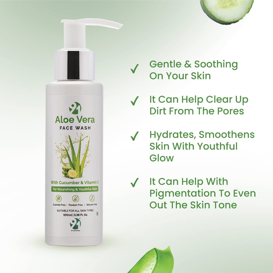 91 Ayurveda Aloe Vera Face Wash for Women & Men - 100ml Cucumber & Vitamin E Cleanser for Pimples, Dark Circles & Glowing Skin | Paraben-Free, Sulfate-Free Sensitive Skin Care | Perfect for Daily Skincare Routine & Acne-Prone Skin