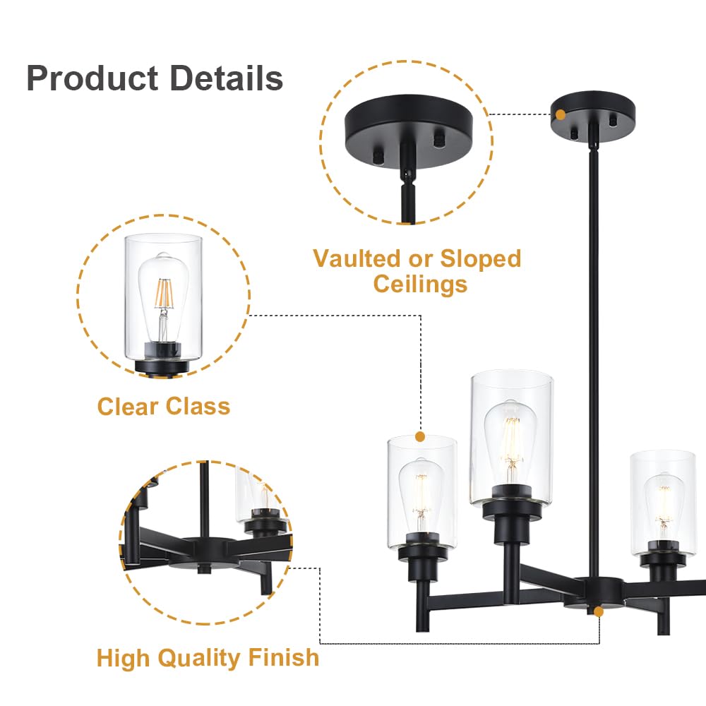 VINLUZ 4-Light Black Farmhouse Chandelier with Clear Glass Cylinder Pendant - Rustic Kitchen Lighting Fixture for Dining Room, Bedroom, Living Room & Entryway | Perfect for Farmhouse, Industrial & Modern Home Decor