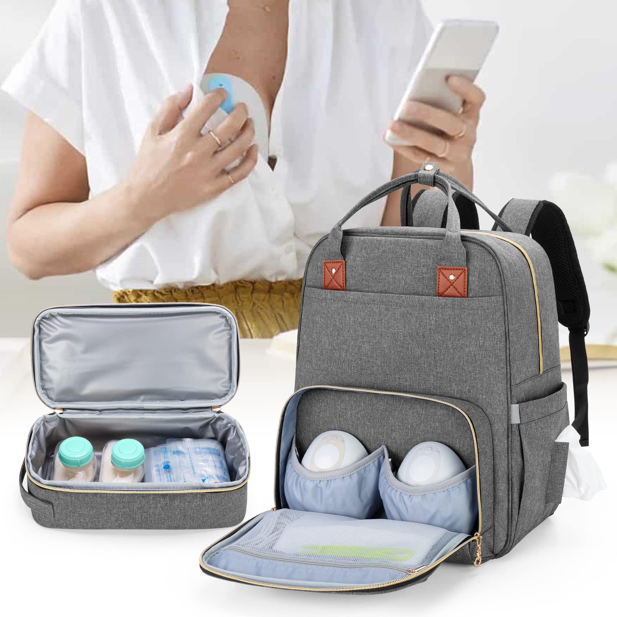 BAFASO Breast Pump Backpack with Cooler & Laptop Compartment - Compatible with Elvie, Momcozy & Wearable Breast Pumps (Patent Pending) - Gray - Perfect for Working Moms, Travel & Pumping On-The-Go