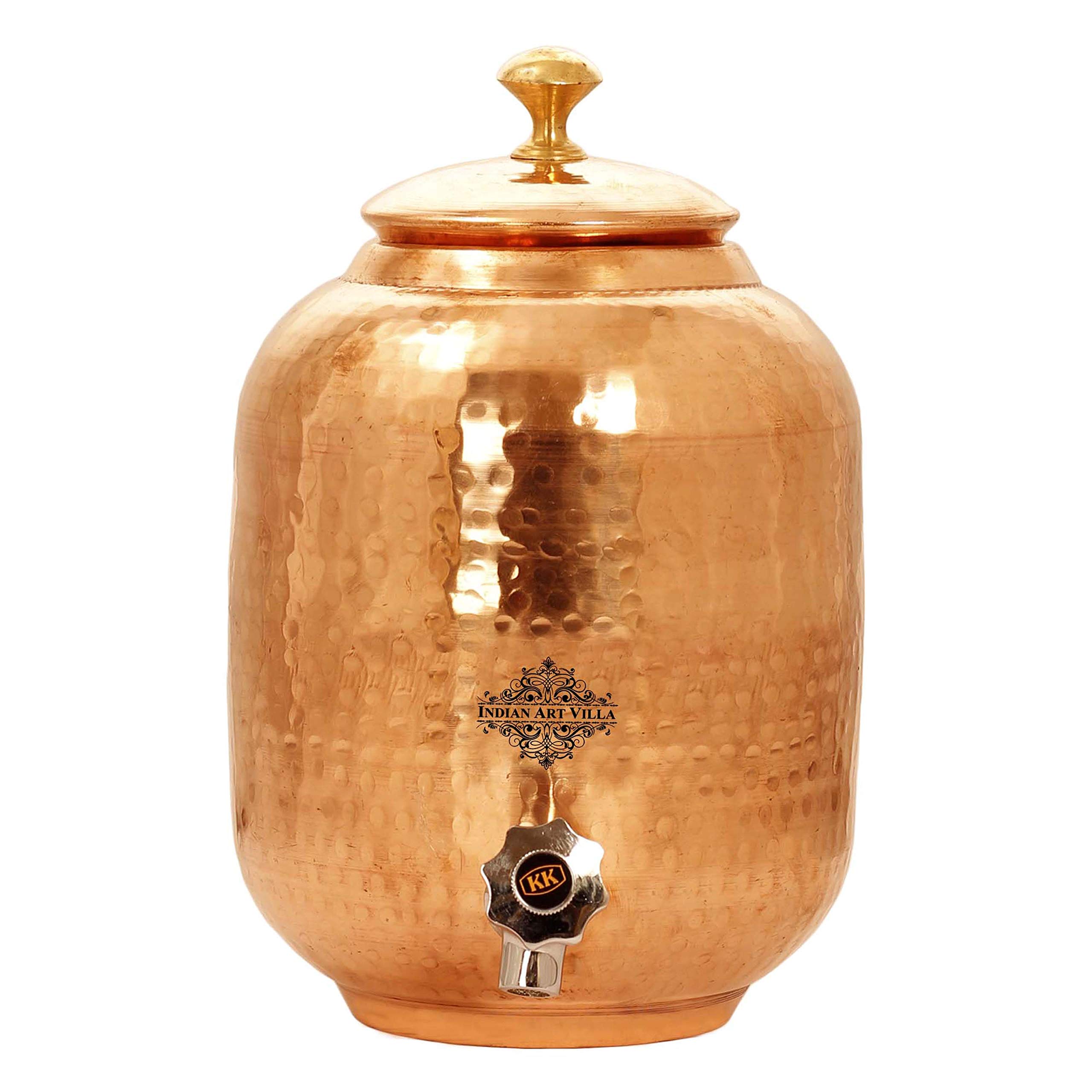 Pure Copper Water Pot with Brass Lid - 135 oz Indian Art Villa Water Storage Tank Dispenser | Ayurvedic Health Benefits, Home & Office Use