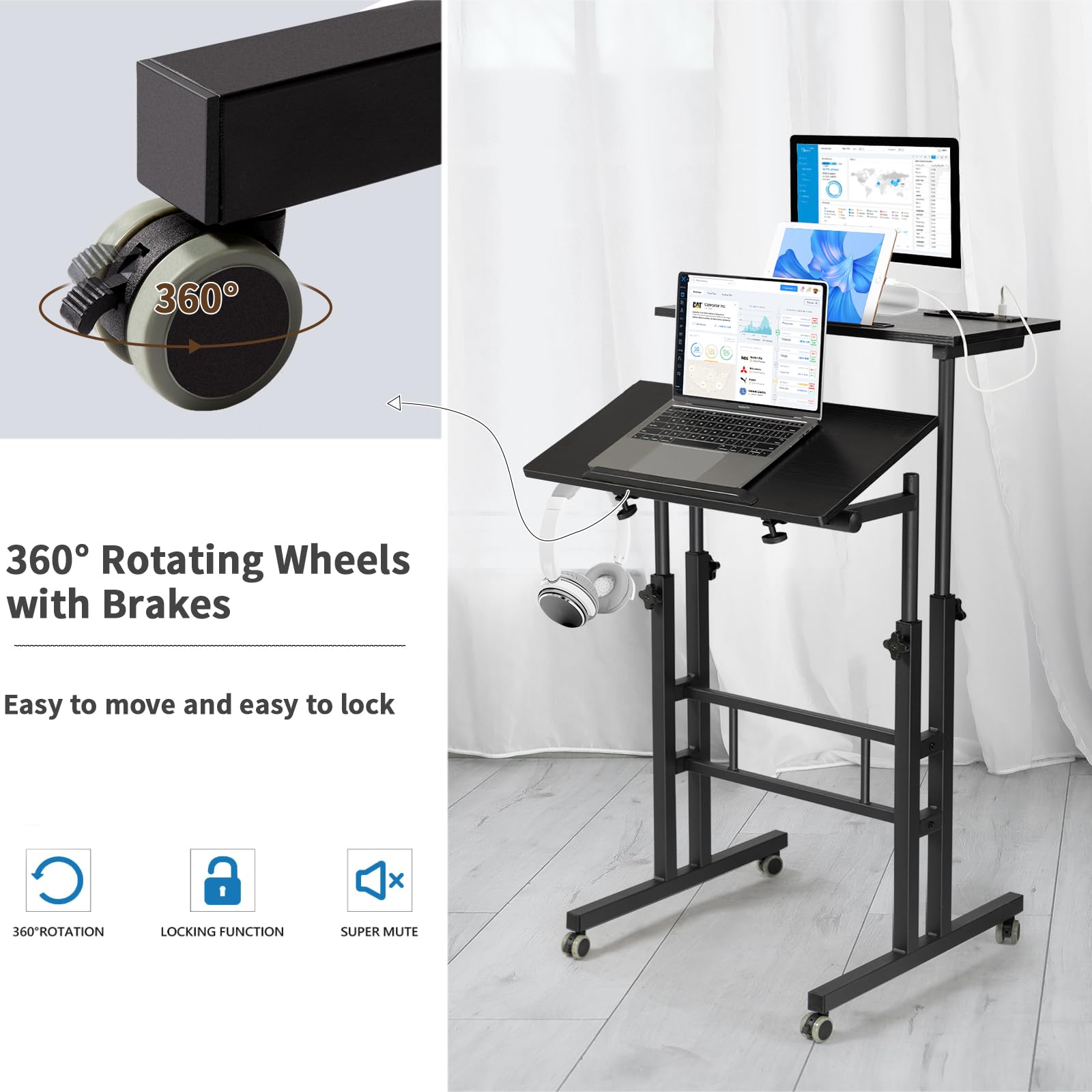 Hadulcet Adjustable Mobile Standing Desk with USB Charging Station - Rolling Laptop Cart with Wheels for Home Office, Classroom & Workspace - Ergonomic Height Adjustable Computer Desk (Black) - Perfect for Remote Work, Online Classes & Small Spaces