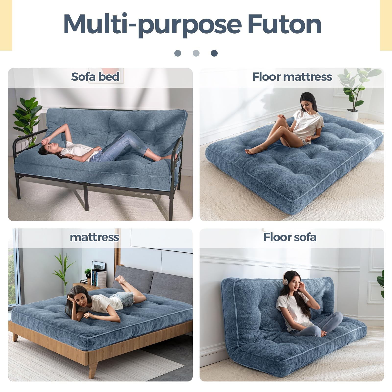MAXYOYO 6 Inch Full Size Futon Mattress - Thick Boucle Sofa Bed with Shredded Foam Filling for Adults, Dusty Blue | Perfect for Guest Rooms, Dormitories, Small Apartments & Floor Sleeping
