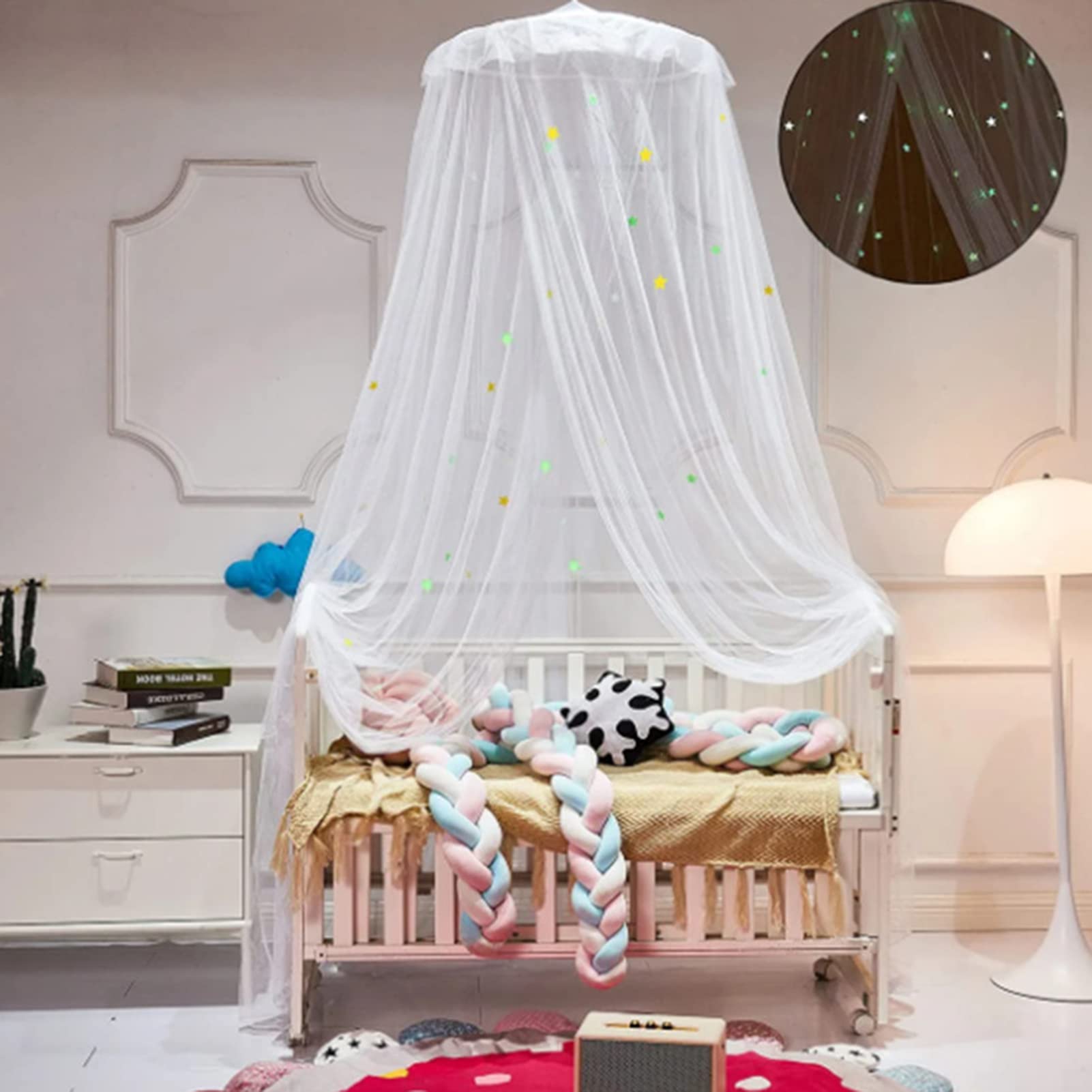 Glow in the Dark Mosquito Net for Bed Canopy with Fluorescent Stars - Kids Hanging Bed Dome Canopy for Nursery, Bedroom & Camping (White, Small)