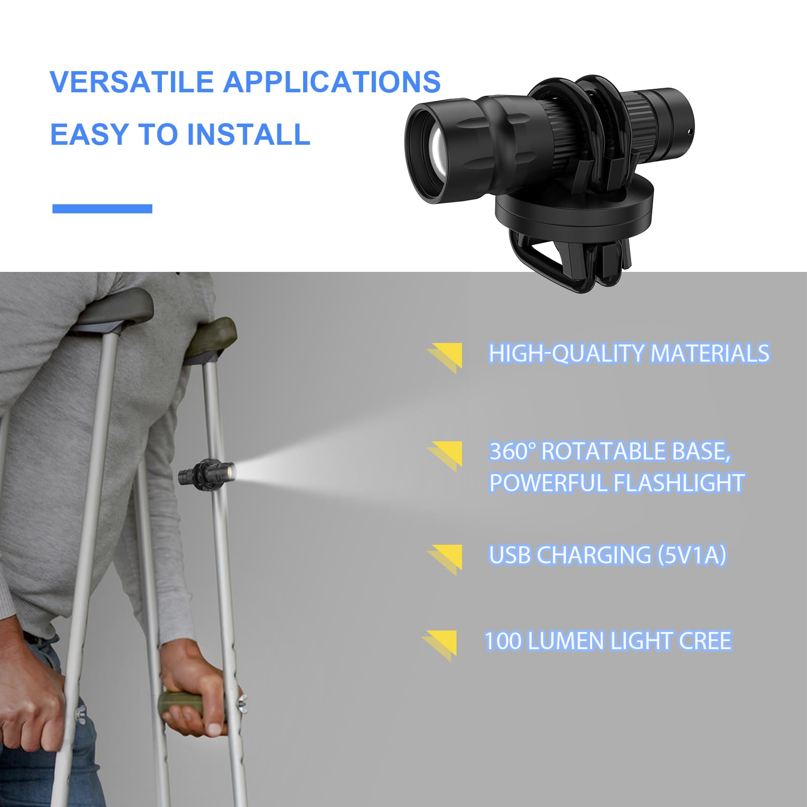 Adjustable Super Bright Waterproof Flashlight for Canes & Walkers - Crutch & Wheelchair Accessory with Fall Prevention | Perfect for Night Walking, Hiking & Outdoor Safety