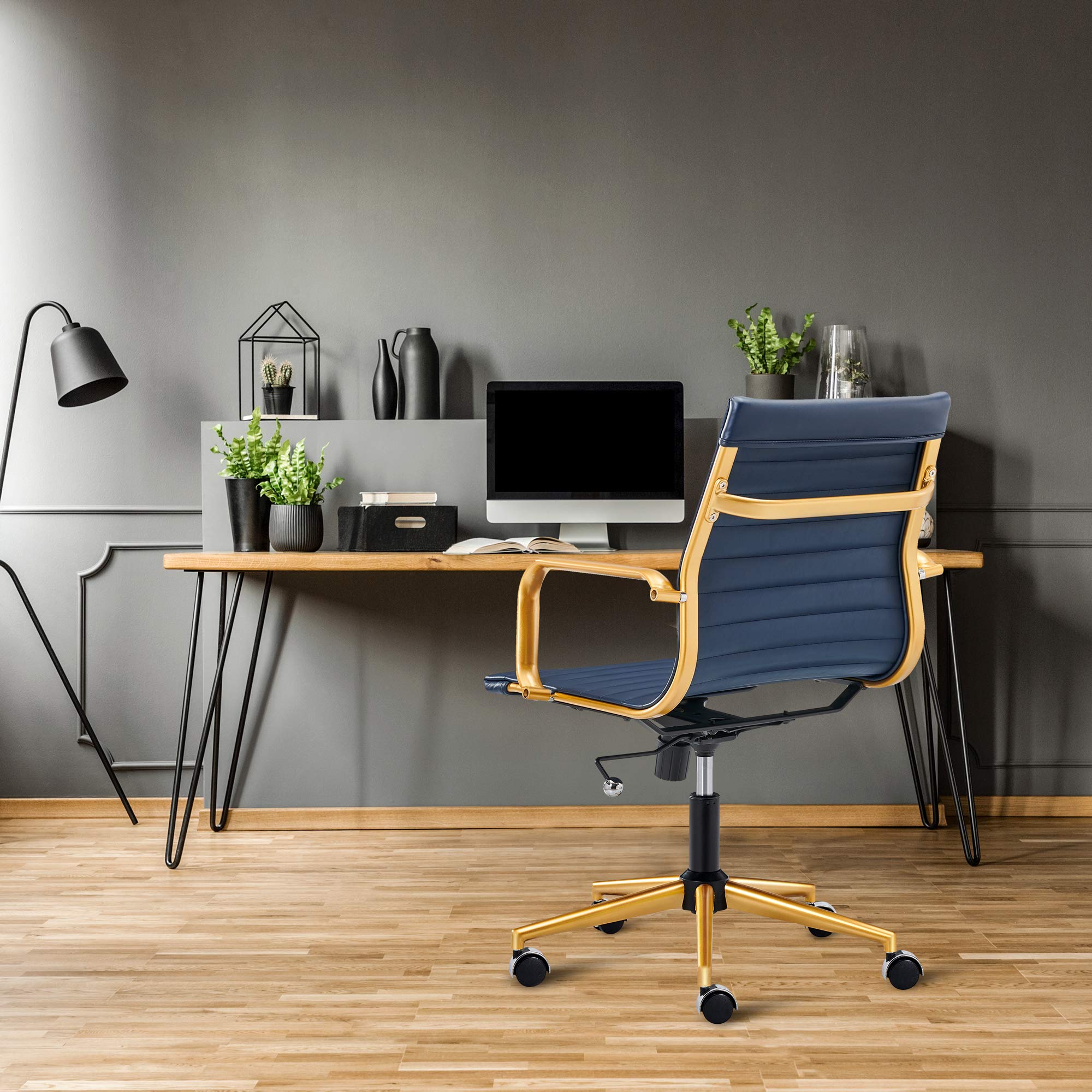 Premium Blue & Gold Leather Mid-Back Office Chair with Armrests - Ergonomic Executive Desk Chair for Back Support - Modern Swivel Chair for Home & Office Workspaces - Perfect for Professionals, Gamers & Remote Workers