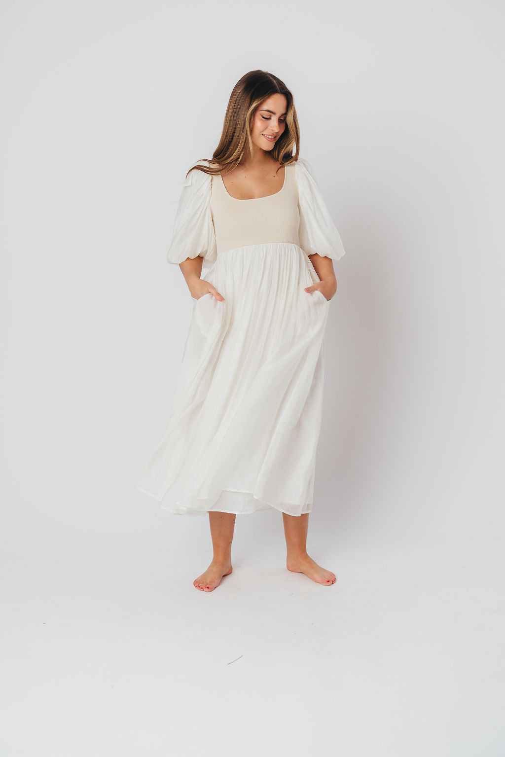 Raina Women's Maternity Midi Dress with Puff Sleeves - Bump Friendly Flowy Dress in Natural for Pregnancy, Nursing & Special Occasions