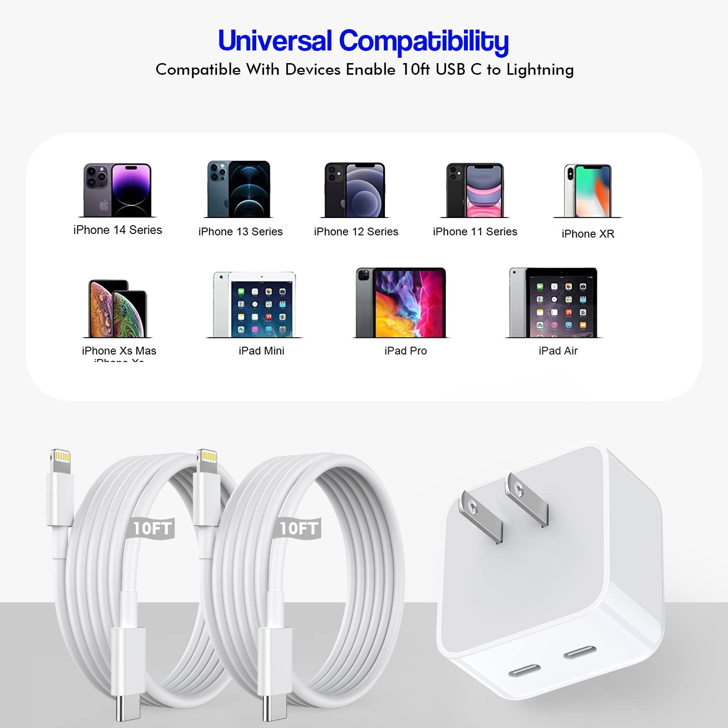 2-Pack 10FT iPhone Fast Charger Cable [MFi Certified] - 40W USB-C to Lightning Cable with Dual Port Power Adapter for iPhone 14/13/12/11/XS/XR/SE & iPad - Perfect for Home, Office & Travel Charging