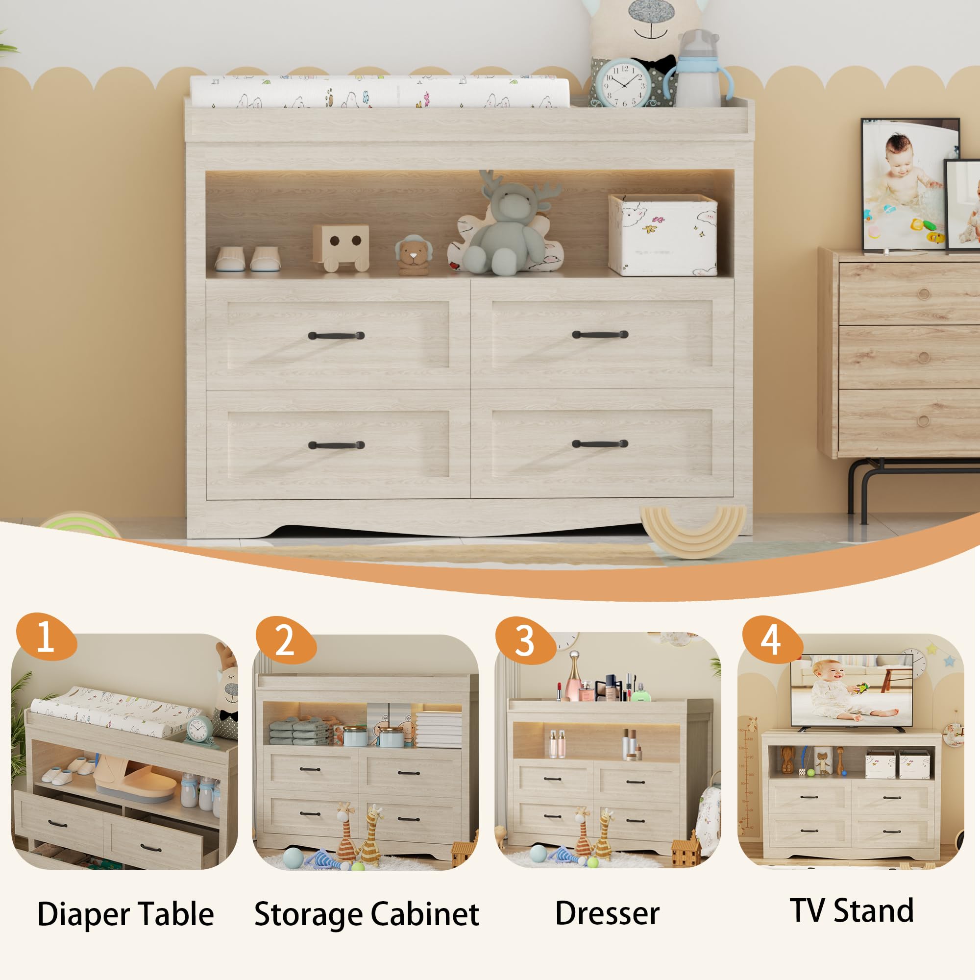 Baby Changing Table Dresser with LED Light - 4-Drawer Nursery Storage Organizer with Changing Station Top for Infants - Perfect for Diaper Changes & Nursery Organization (Beige)