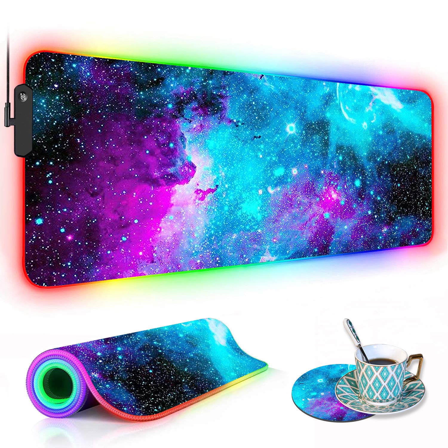 RGB Gaming Mouse Pad with Coffee Coaster - XXL Glowing LED Mouse Mat (31.5