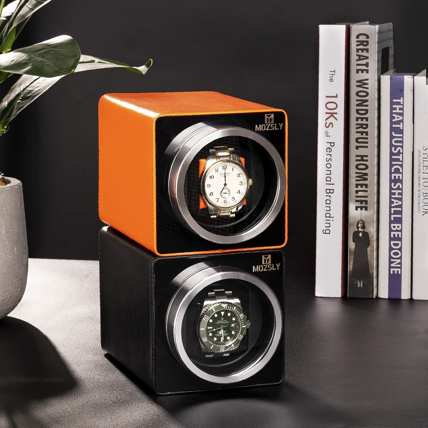 Premium MOZSLY Leather Watch Winder - 12 Rotation Modes for Automatic Watches (Orange & Black) | Perfect for Watch Collectors & Luxury Timepiece Storage at Home/Office