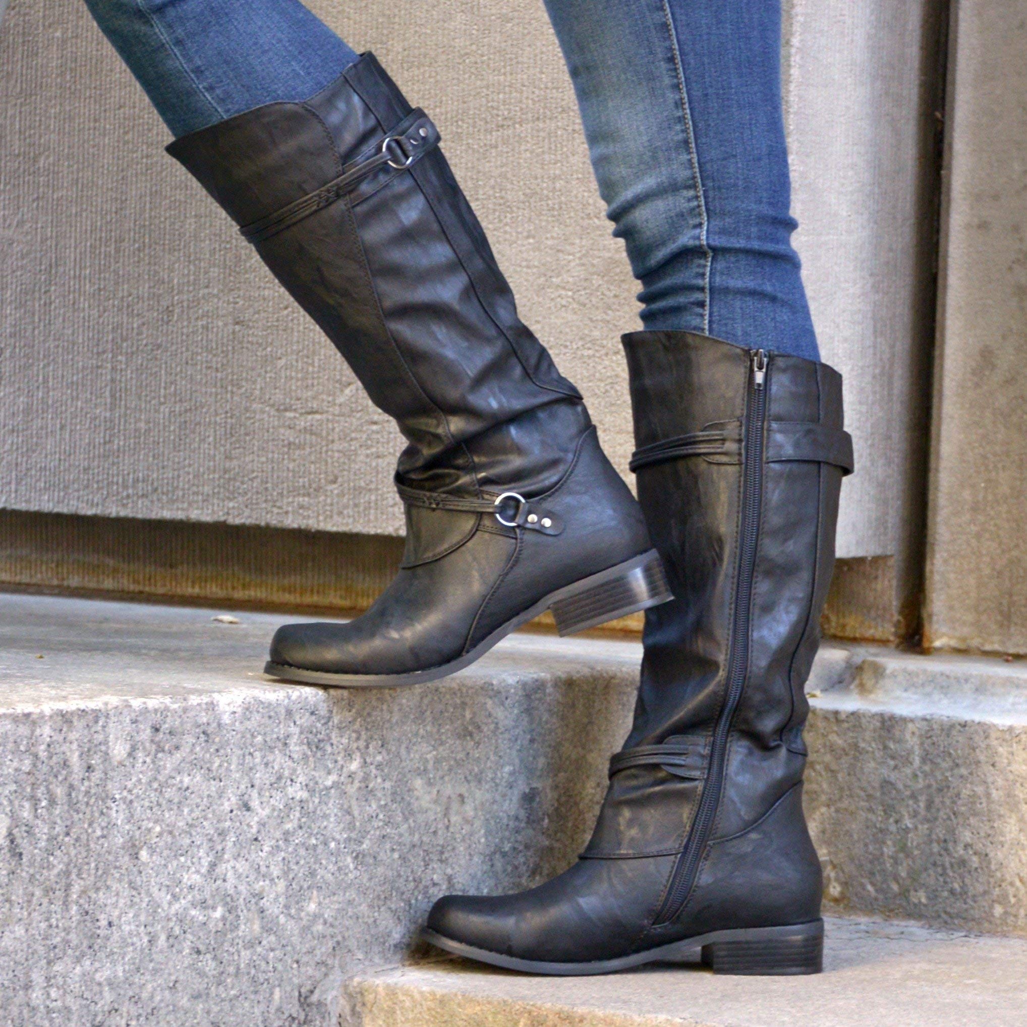 Journee Collection Women's Harley Knee-High Riding Boots - Ankle Strap & Buckle Design, Regular & Wide Calf Options, Grey Size 10 (Medium Width/Wide Calf) - Perfect for Equestrian, Casual Wear & Winter Fashion