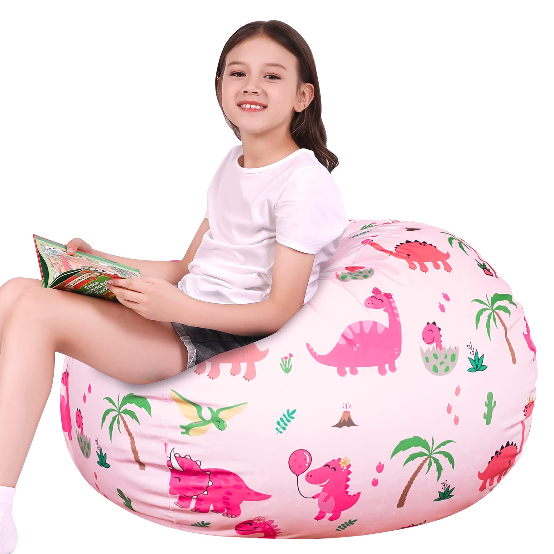 Lukeight Dinosaur Stuffed Animal Storage Bean Bag Chair Cover - Large Plush Toy Organizer for Kids' Rooms, Toddler Playroom Decor (Dinosaur Blush) - Perfect for Playtime, Reading Nook & Bedroom Storage Solution