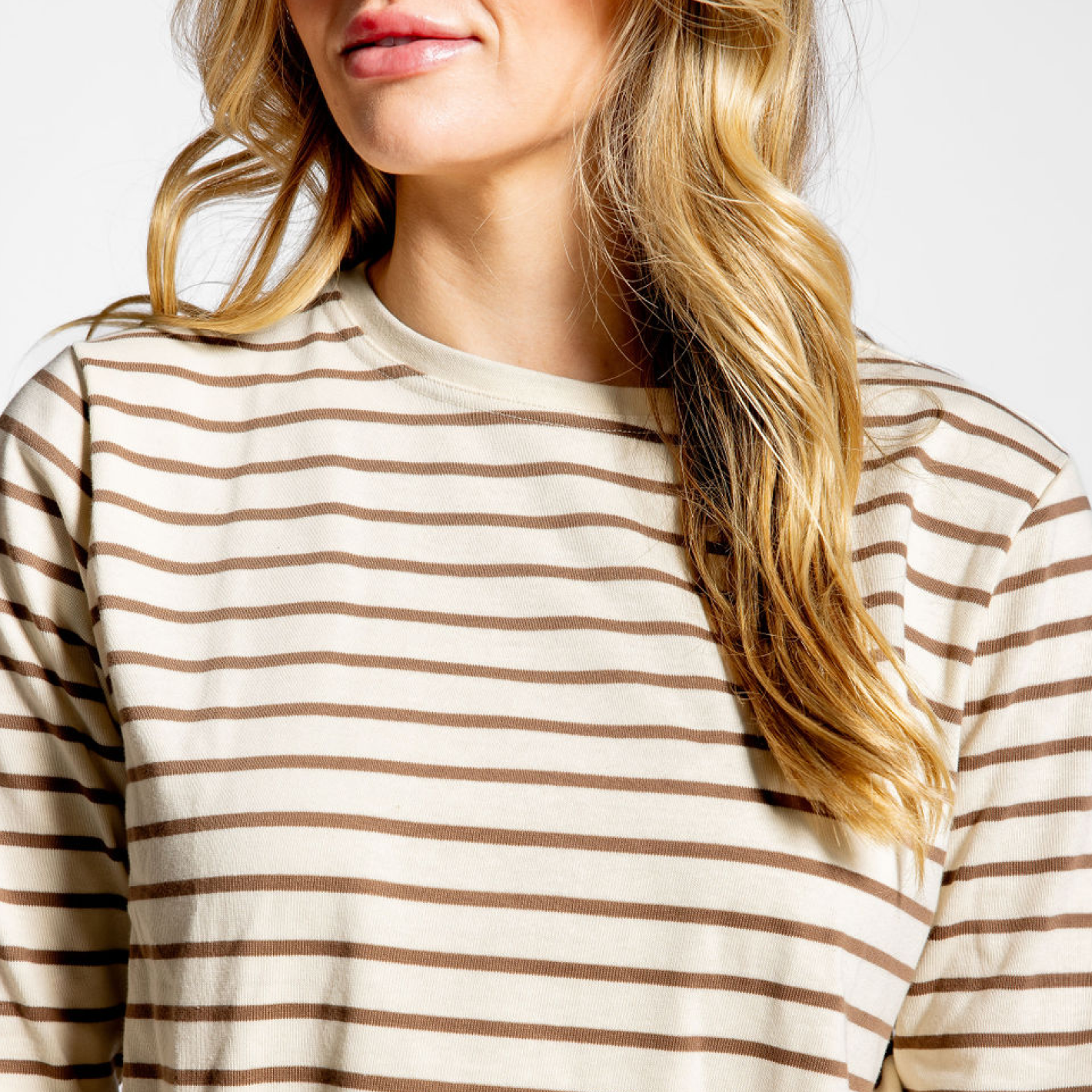 Women's Cream & Mocha Striped Long Sleeve Knit T-Shirt - Soft Casual Top for Fall Layering, Workwear & Everyday Comfort