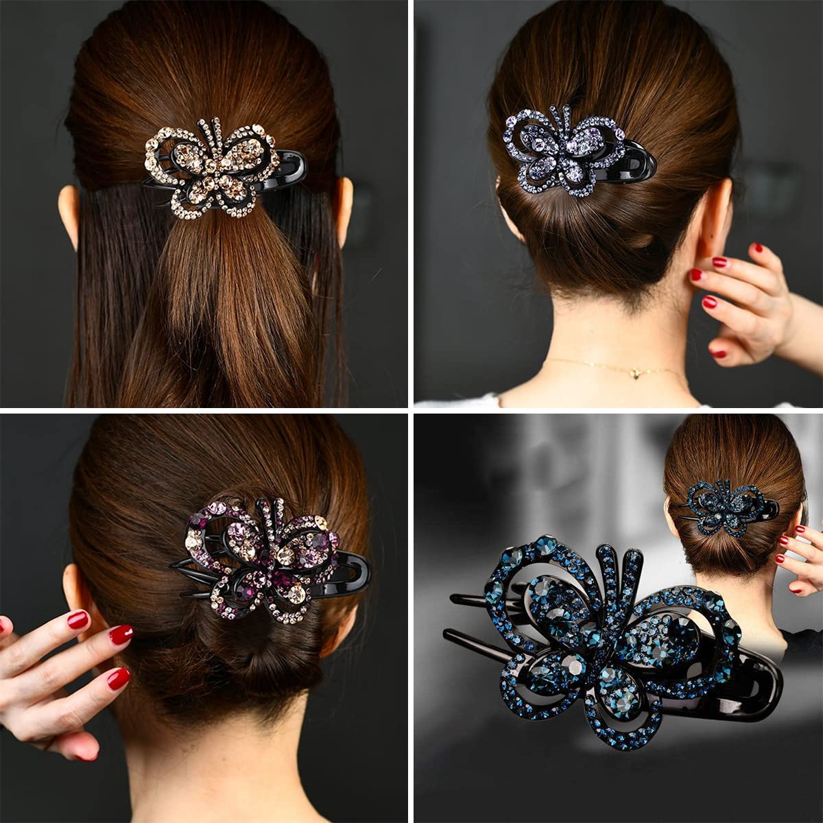 Yusier 4PCS Floral Rhinestone Butterfly Hair Clips - Elegant Ponytail & Duckbill Hair Clips for Women, Perfect for Weddings, Parties & Everyday Styling