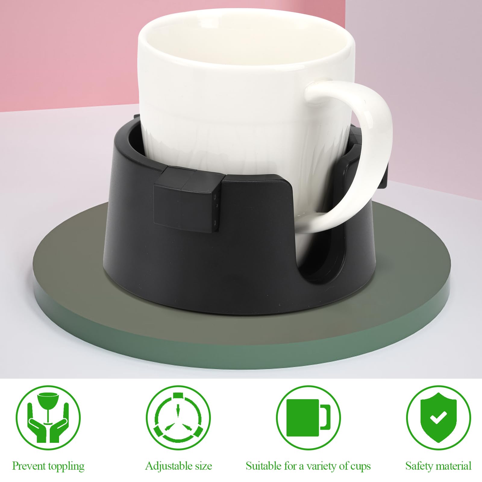 2 Pack Anti-Spill Cup Holder with Adhesive Base - Adjustable Plastic Drink Holder for Desk, Office, Home - Non-Tipping Coaster for Coffee, Soda, Water Bottles - Perfect for Workstations, Study Tables, Car Consoles (Black)