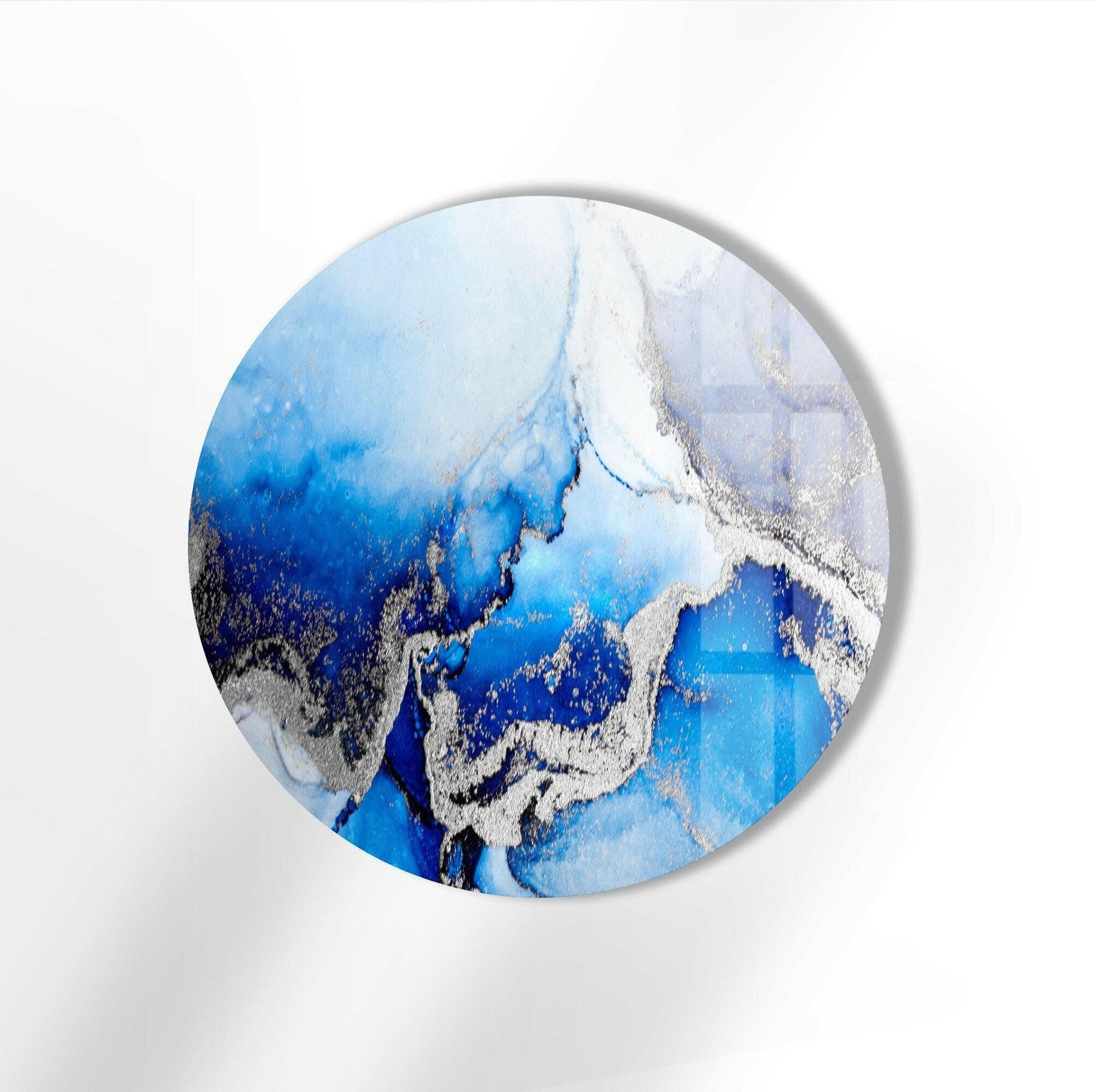 Blue Marble Round Glass Wall Art with Silver Accents - Elegant Home Decor for Living Room, Bedroom & Office