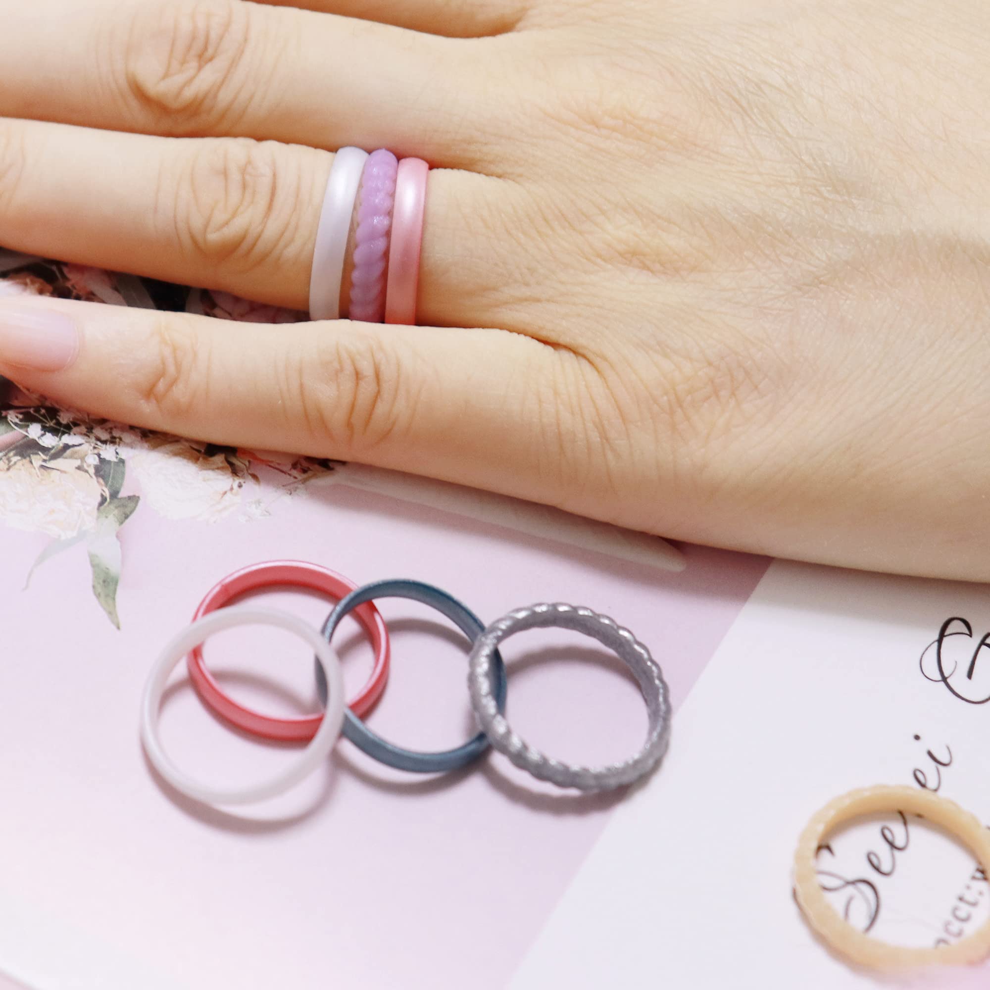 Zollen 3mm Thin Braided Silicone Wedding Rings for Women - Metallic Color, Stackable, Hypoallergenic Rubber Bands - Perfect for Active Lifestyle, Gym, Swimming & Outdoor Activities