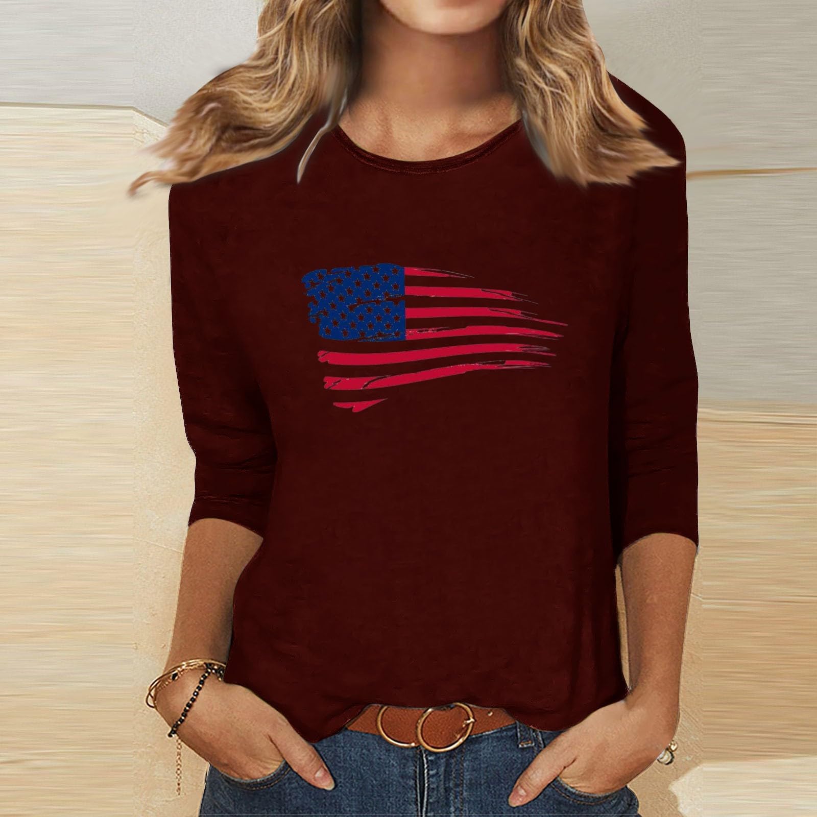 Women's 4th of July Patriotic Shirts - 3/4 Sleeve Casual T-Shirts for Summer, Cute Dressy Tops for Independence Day Celebrations, BBQ Parties & Festive Outfits