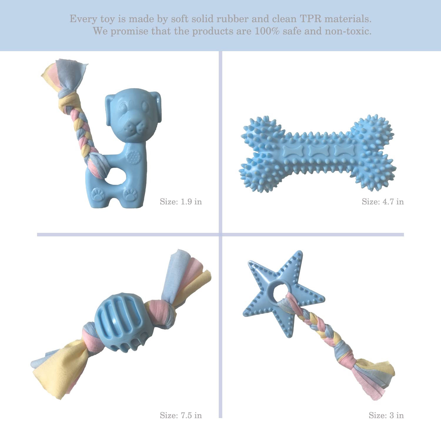 **Durable Puppy Teething Toys for Small & Medium Dogs – Natural Rubber & Cotton Chew Toys to Soothe Pain & Anxiety – 4-Pack (Blue) – Perfect for Puppy Training & Playtime**