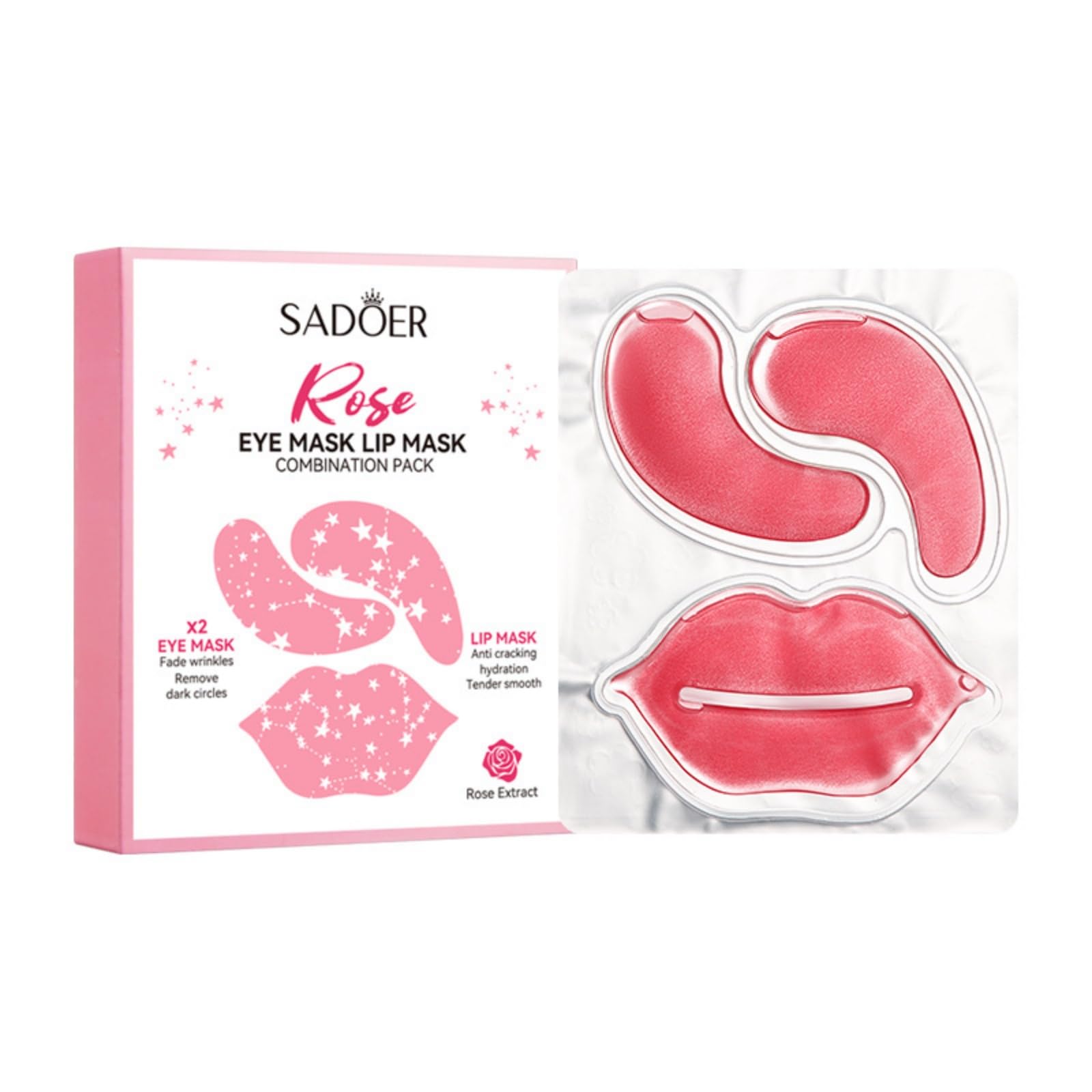 SADOER Rose Eye Mask and Lip Mask Set with Rose Extract - 30 Pairs (60 Pieces) 80g - Deep Nourishing & Moisturizing for Dark Circles & Dry Lips - Perfect for Night Care, Travel & Spa Days