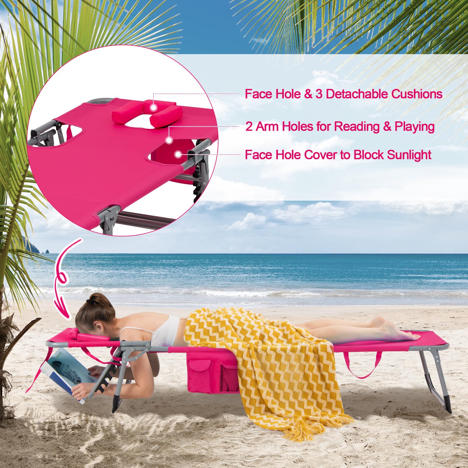 Tangkula Adjustable Folding Beach Chaise Lounge Chair with Face Hole & Side Pocket - Portable Reclining Sunbathing Chair for Poolside, Backyard, Patio - Perfect for Tanning, Relaxing by the Ocean or Outdoor Lounging