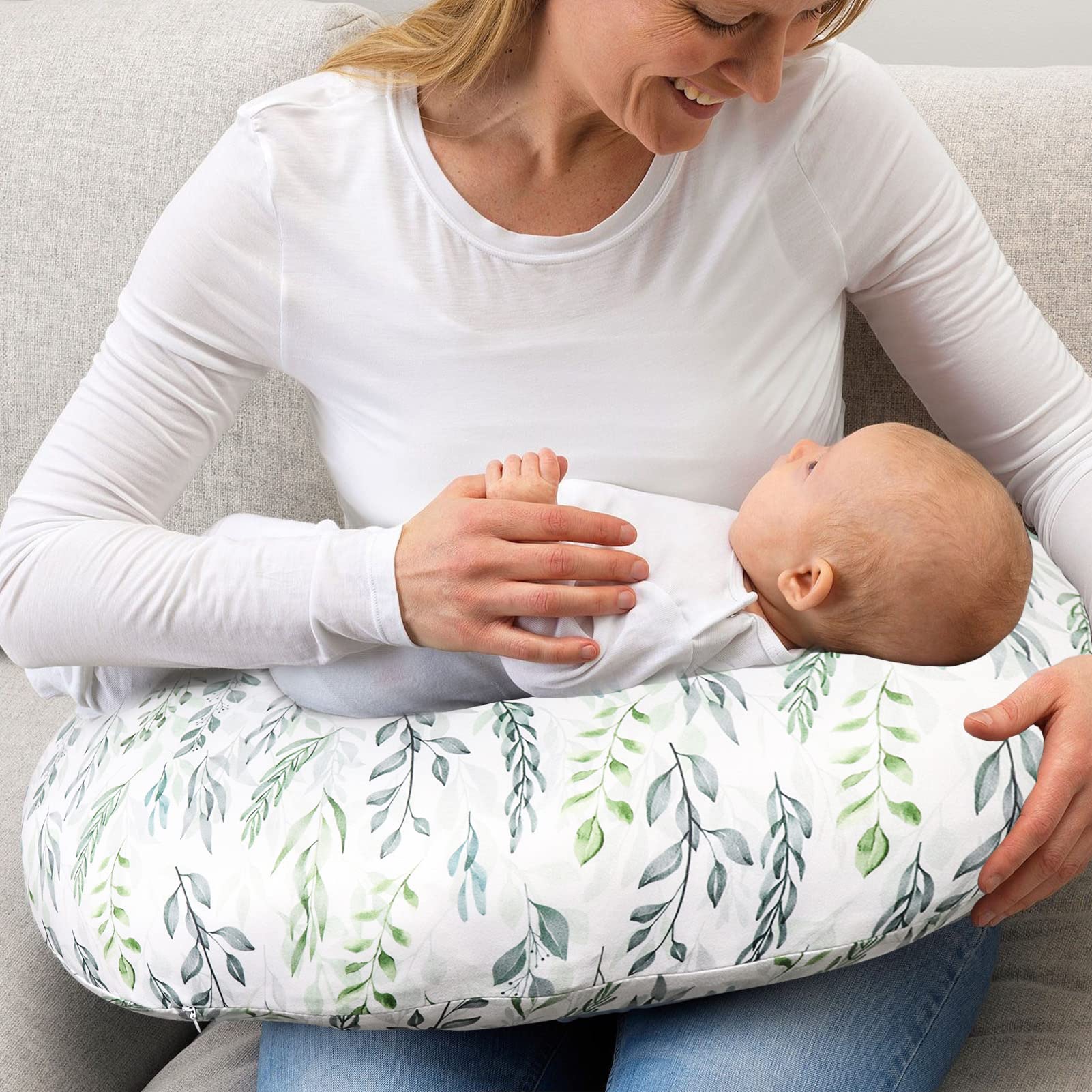 DILIMI Nursing Pillow Cover & Baby Car Seat Cover - Soft Breathable Cotton, Green Leaf Design for Breastfeeding & Infant Safety - Perfect for New Moms & On-the-Go Parents