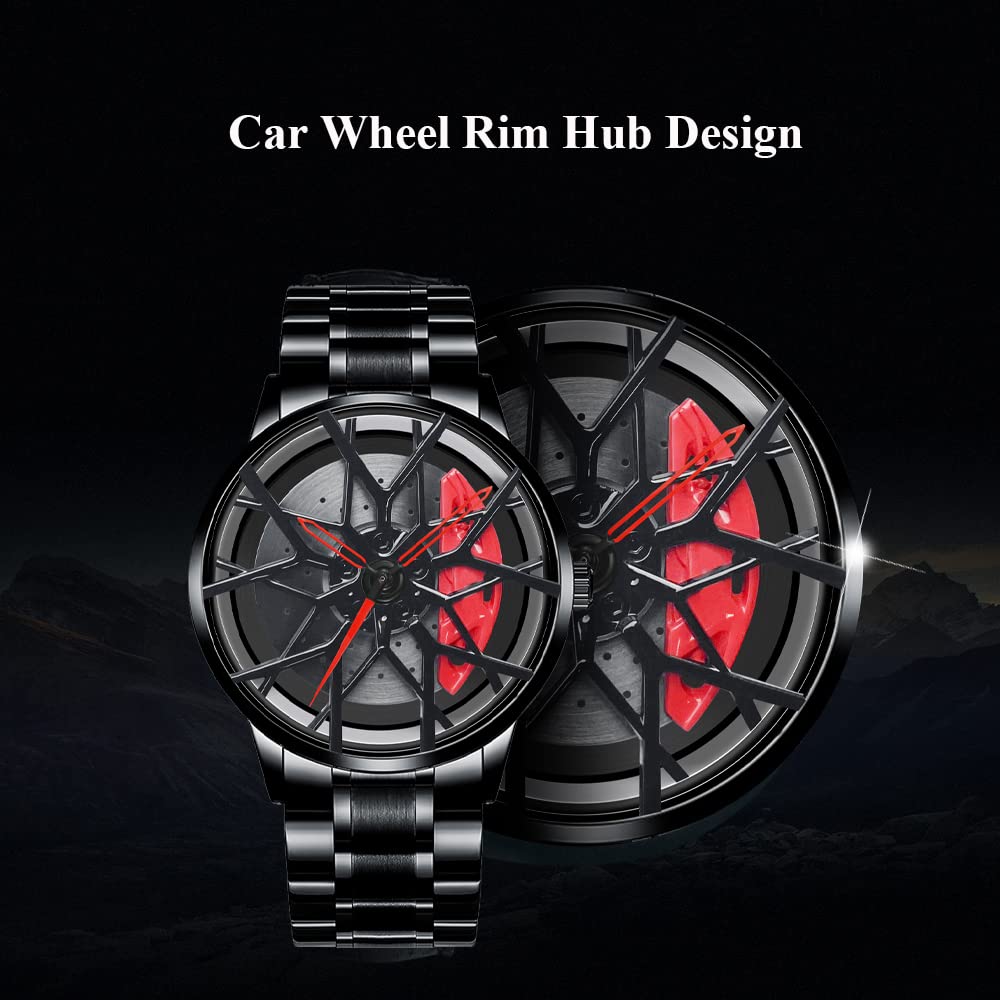 Men's Waterproof Stainless Steel Japanese Quartz Wrist Watch - Car Rim Hub Design Sports Watch for Running, Driving & Outdoor Activities