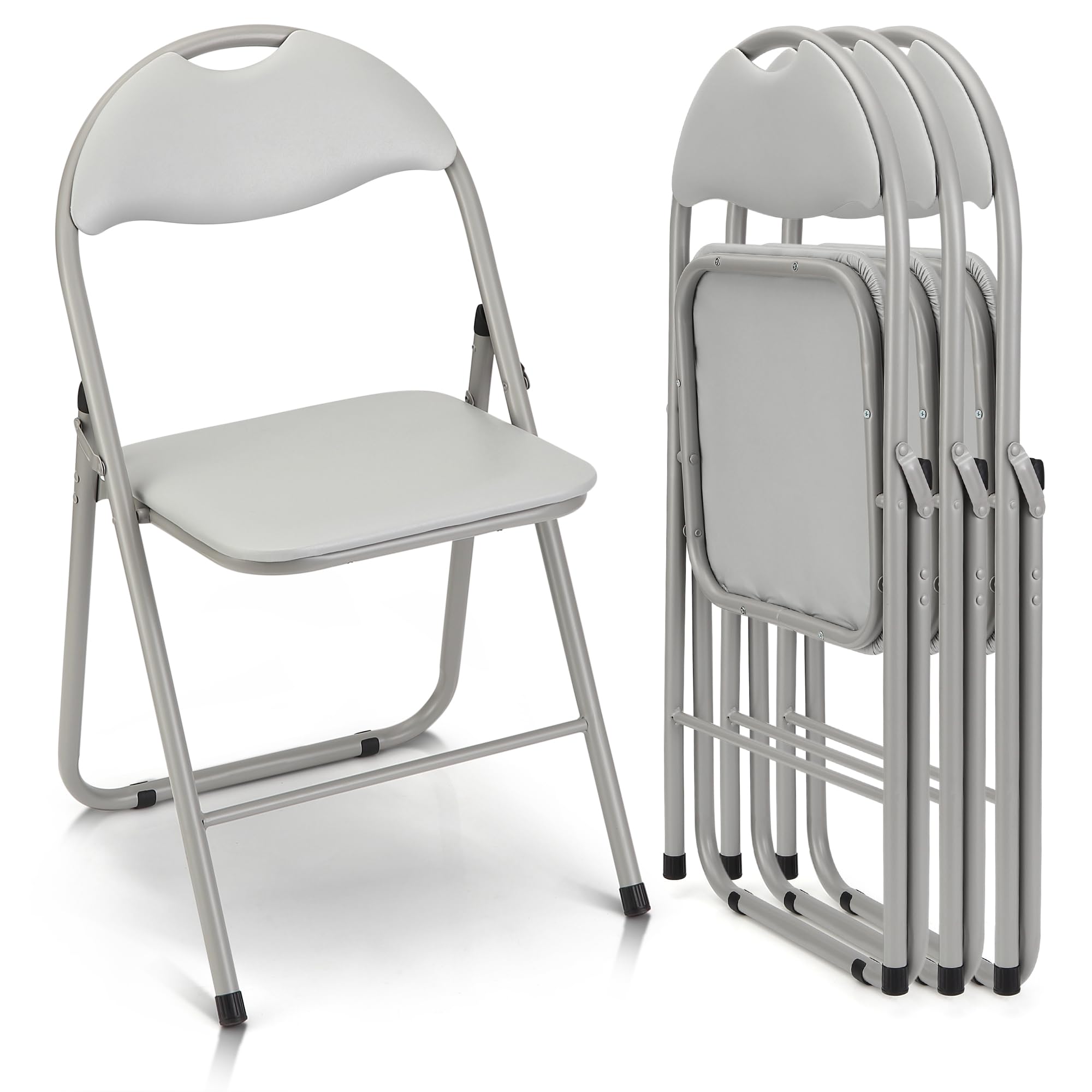 4 Pack Folding Chairs with Cushion - Portable Metal Stackable Chairs for Indoor & Outdoor Events - Non-Slip Feet Pads, Grey - Perfect for Parties, Weddings, Picnics and Home Use