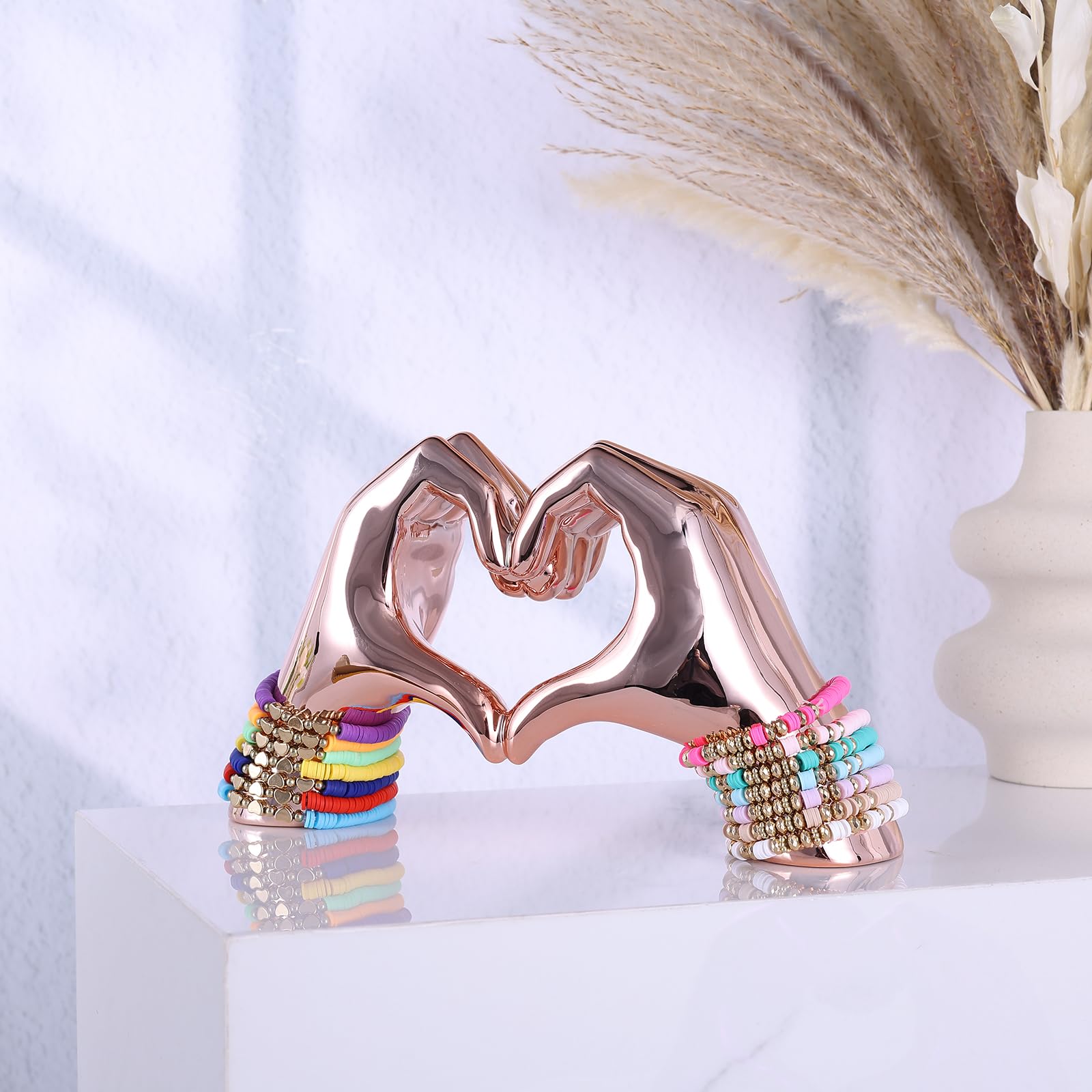 Pink Heart and Hand Sculptures - Bohemian Home Decor Statues for Wedding, Living Room, Bedroom, Office & Coffee Table | Unique Bookshelf & Edgy Room Decor