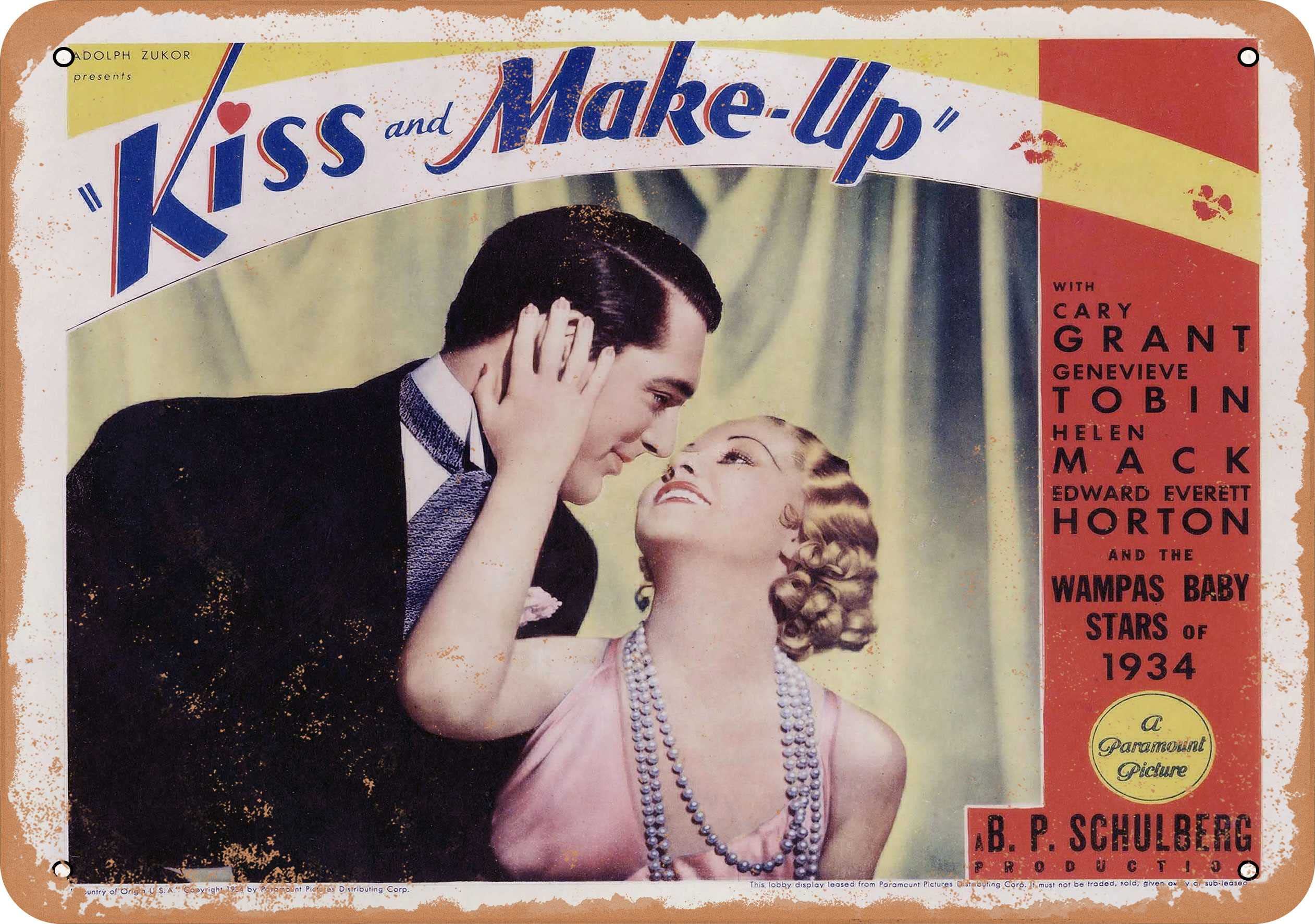 10 x 14 Inch Vintage Metal Wall Sign - Kiss and Make-Up (1934) Retro Decor for Home, Bar, Cafe & Man Cave - Rustic Tin Sign for Nostalgic Wall Art