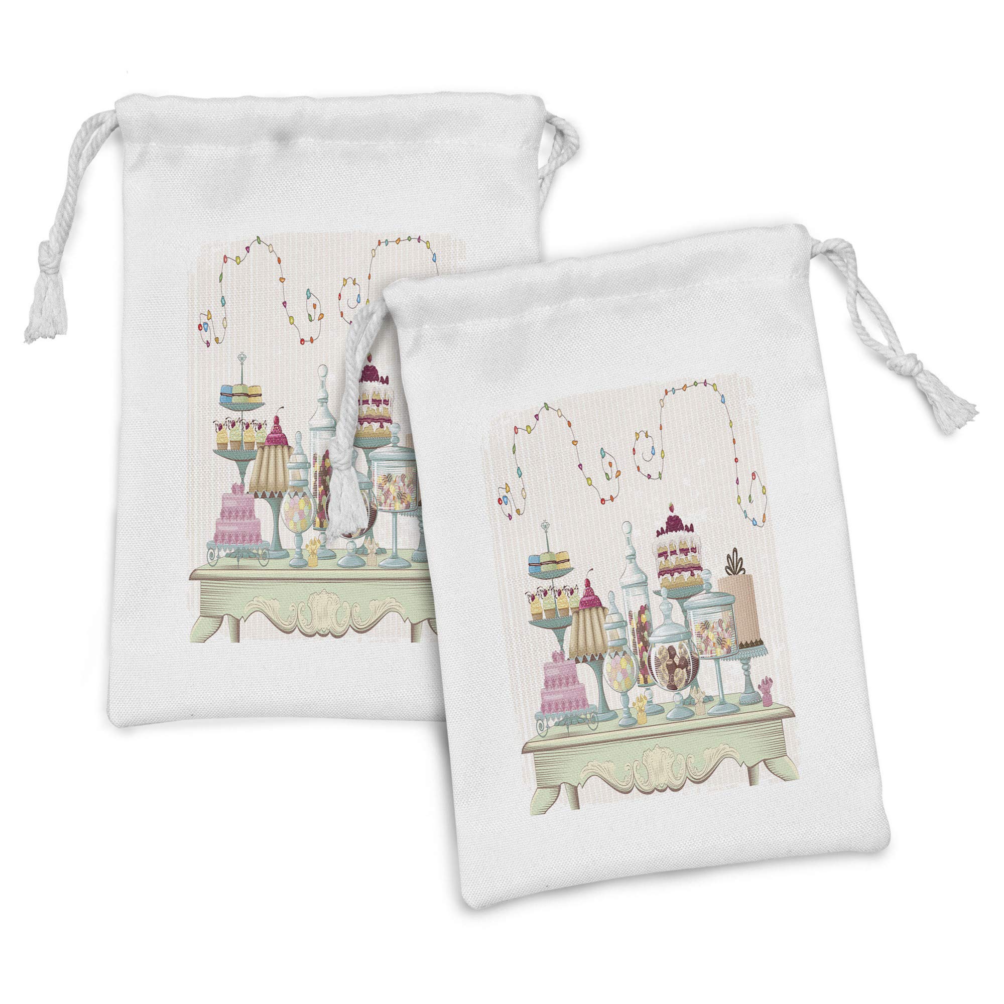 Ambesonne 2-Pack Cookie Fabric Pouch Set - Vibrant Swirling Ornaments with Cakes & Glass Jars Design - 9