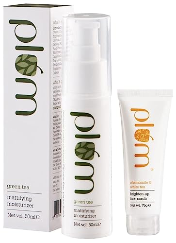 Plum Green Tea Mattifying Moisturizer 50ml & Chamomile White Tea Brightening Face Scrub 75ml - Gentle Exfoliation, Detanning for Normal & Combination Skin | Oil Control & Glow Boost | Perfect for Daily Skincare Routine & Summer Skin Refresh