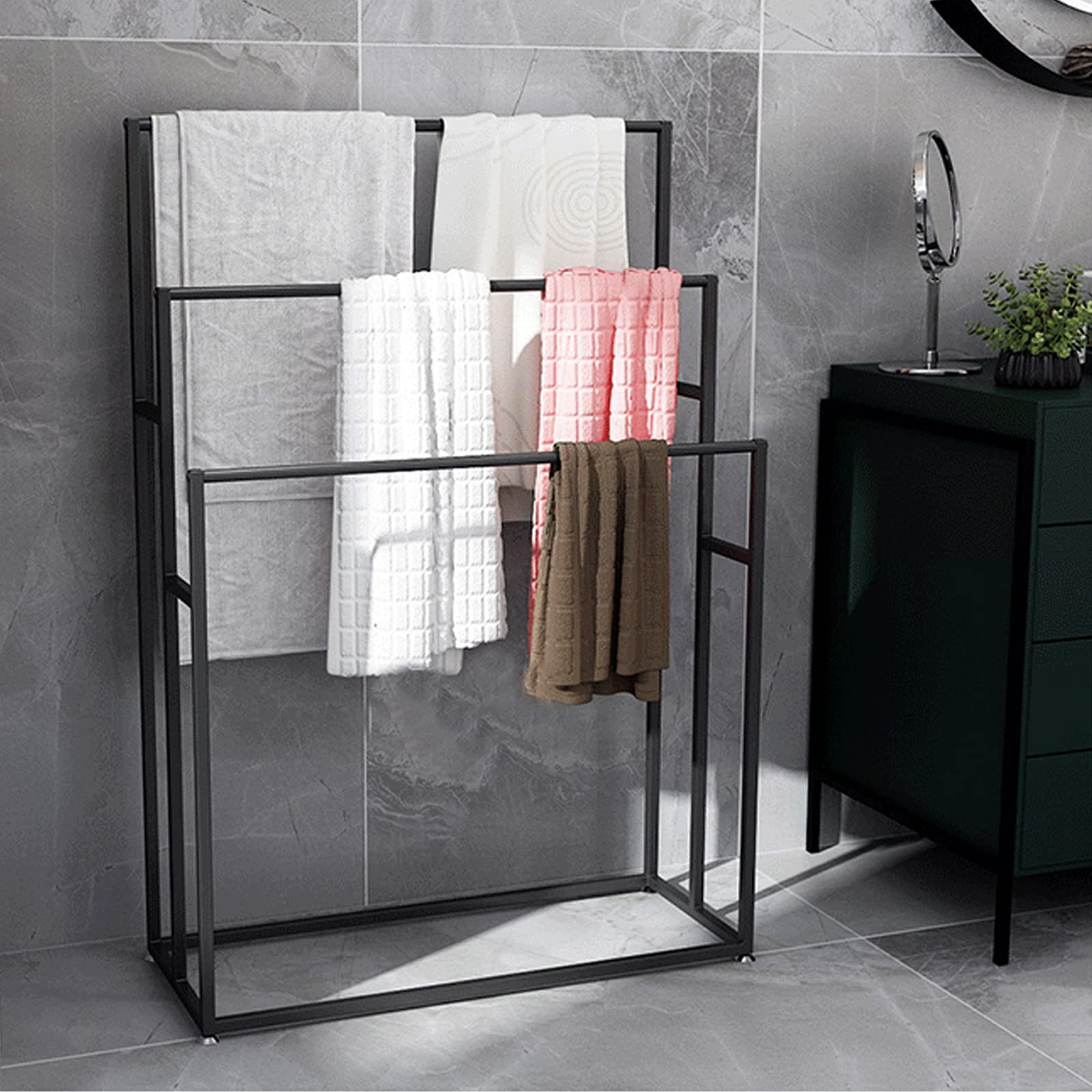 3-Tier Metal Standing Towel Rack for Bathroom - Black 37.4x9.8x43.3 Inch - Space Saving Blanket & Towel Organizer for Bathroom, Poolside & Outdoor Use - Heavy Duty Floor Drying Rack for Towels, Blankets & Swimwear