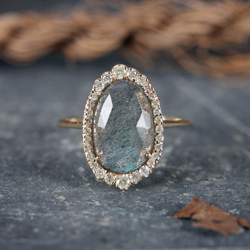 Anjistouch 14K Yellow Gold Labradorite Gemstone Ring with Pave Diamonds | Natural Round Cut Women's Jewelry for Everyday Wear & Special Occasions