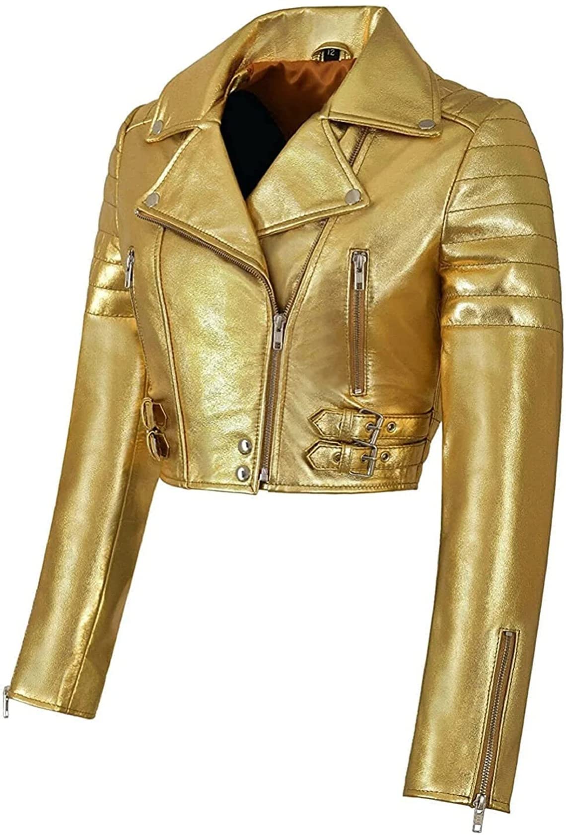 Genuine Leather Jacket for Women - Slim Fit Short Biker Jacket, Party & Pub Outwear, Bright Gold Color, XXX-Large | Perfect for Nightlife, Date Nights & Casual Street Style