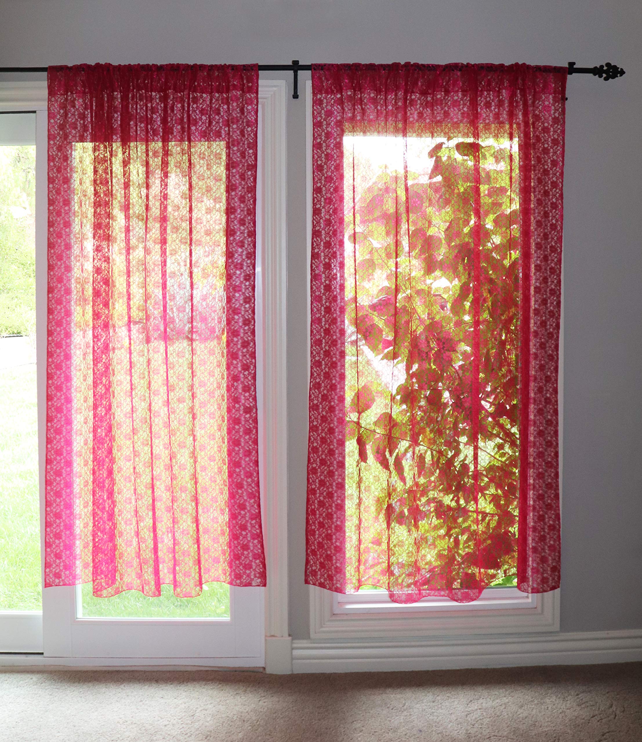 Floral Lace Curtain Panel - Sheer Fuchsia Window Decor for Bedroom & Kitchen