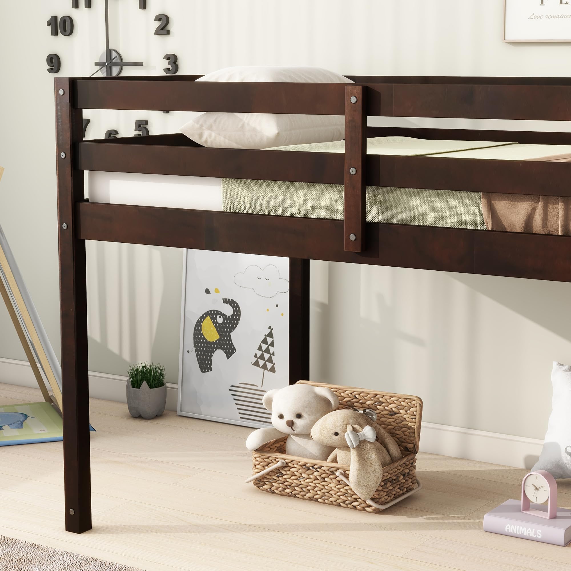 Bellemave Twin Size Wooden Loft Bed for Kids with Ladder - Low Bunk Bed in Espresso Finish - Perfect for Small Bedrooms, Dorm Rooms & Space-Saving Kids' Rooms