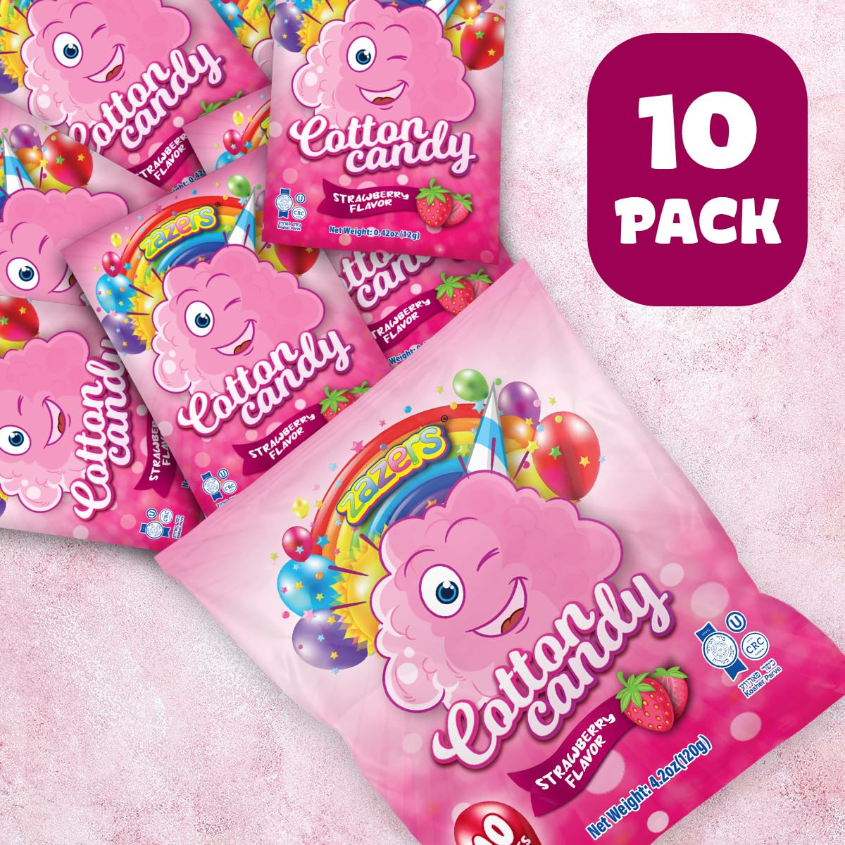 10 Pack Mini Cotton Candy Bags - Strawberry Flavor, 0.42oz Each, Individually Wrapped Pink Kosher Candy for Parties, Favors & Events - Perfect for Birthday Celebrations, Baby Showers and Carnival Treats