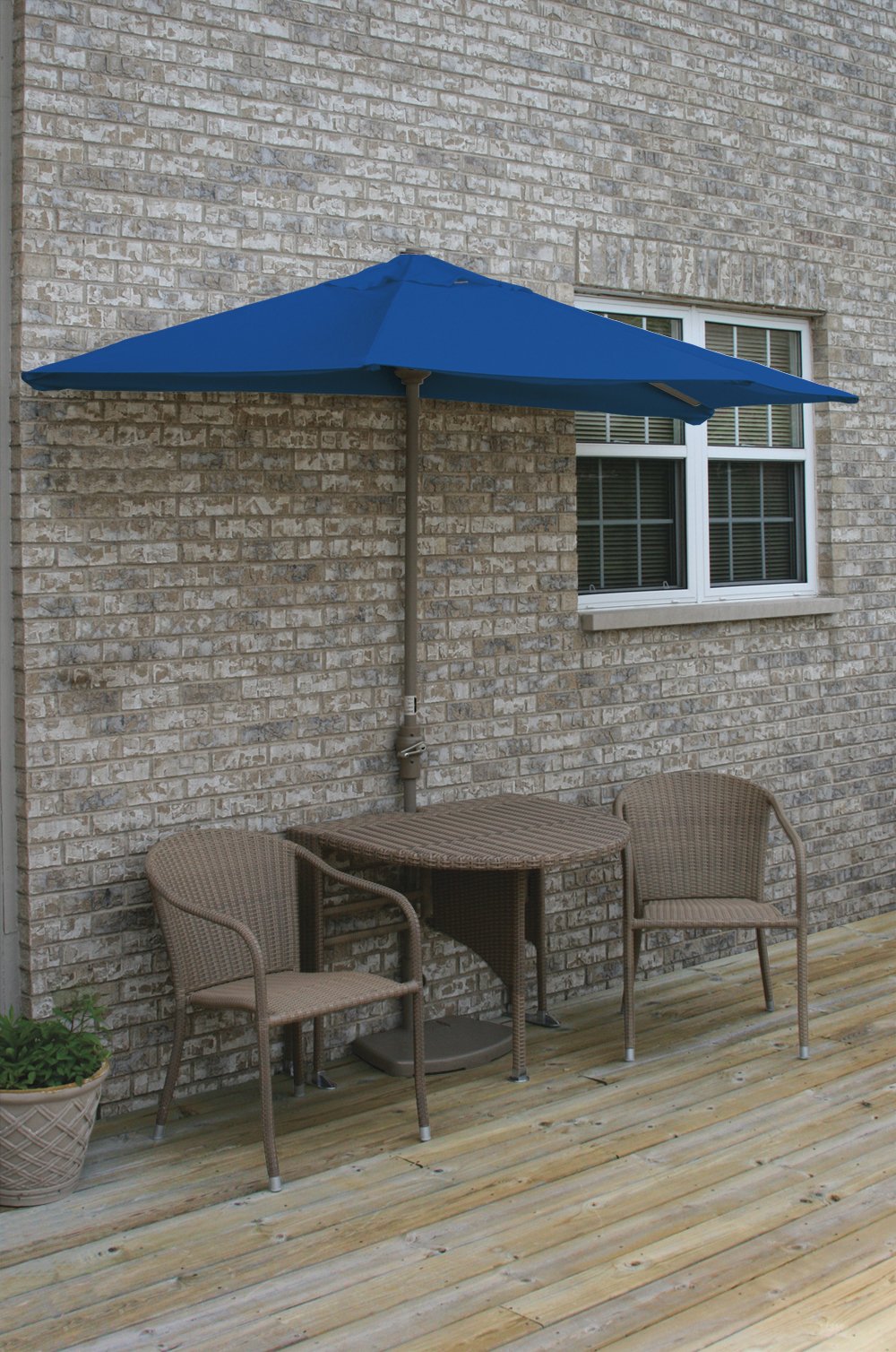All-Weather Wicker Coffee Table Set with 7.5' Wide Patio Umbrella - Blue Olefin Canopy for Outdoor Terrace, Garden & Poolside Relaxation