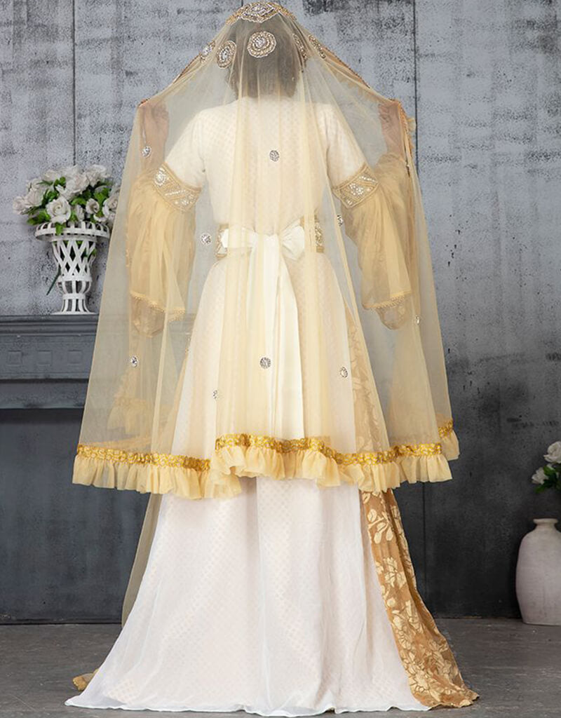 Handmade Arabic Takchita Dress - Off White & Beige Georgette with Golden Stone Embroidery for Special Occasions & Weddings